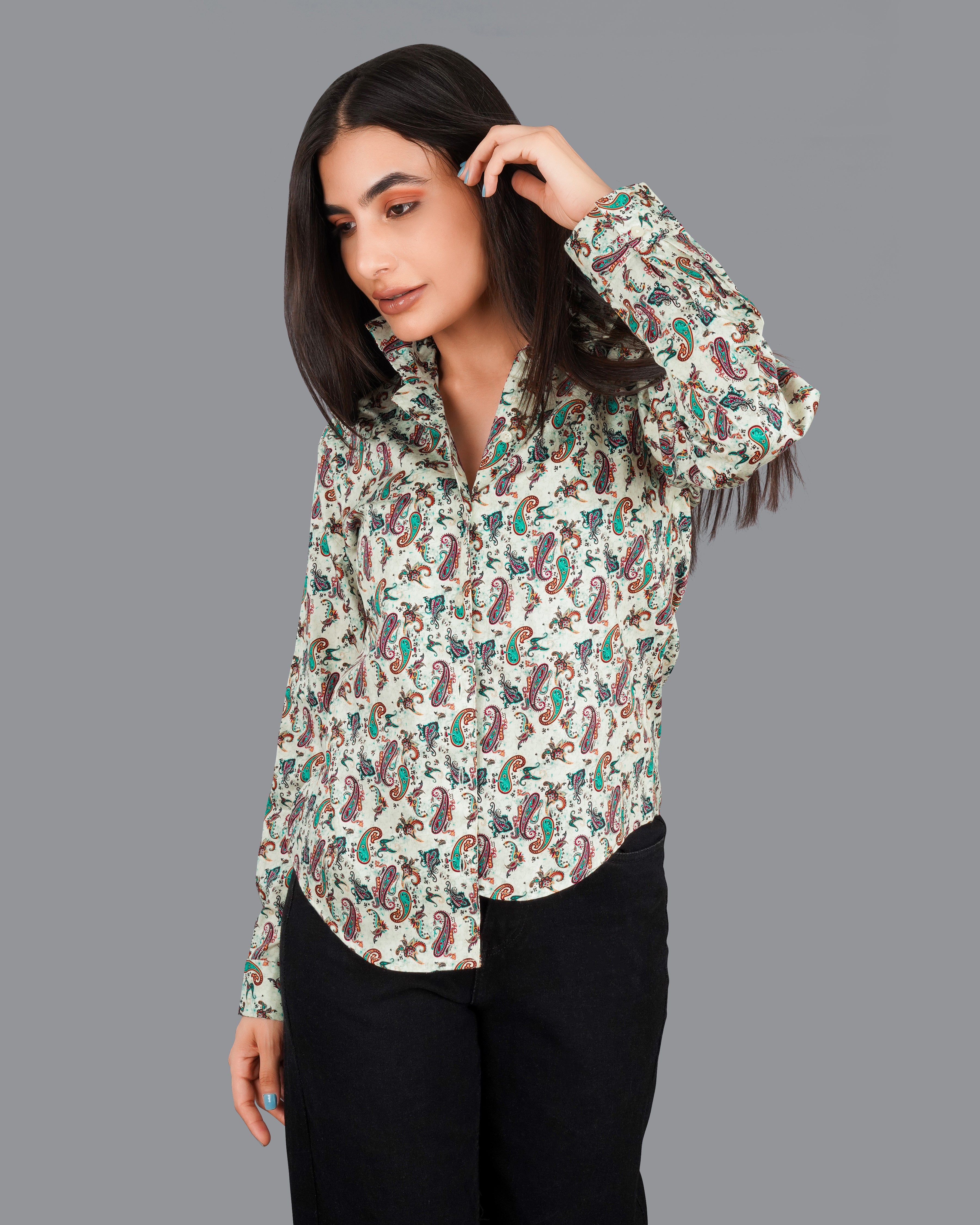 Gainsboro Cream Multicolour Paisley Printed Premium Cotton Shirt WS022-32, WS022-34, WS022-36, WS022-38, WS022-40, WS022-42