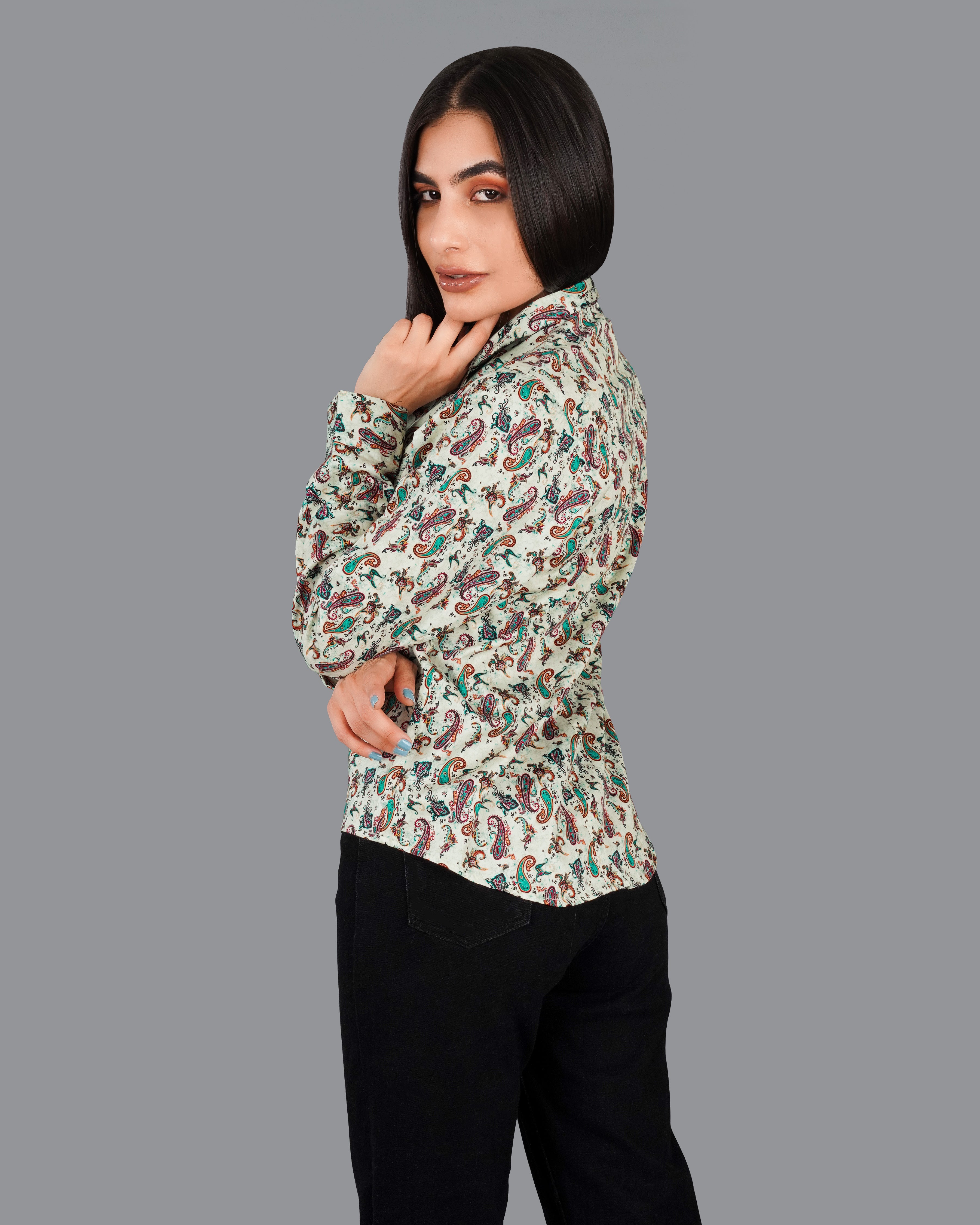 Gainsboro Cream Multicolour Paisley Printed Premium Cotton Shirt WS022-32, WS022-34, WS022-36, WS022-38, WS022-40, WS022-42