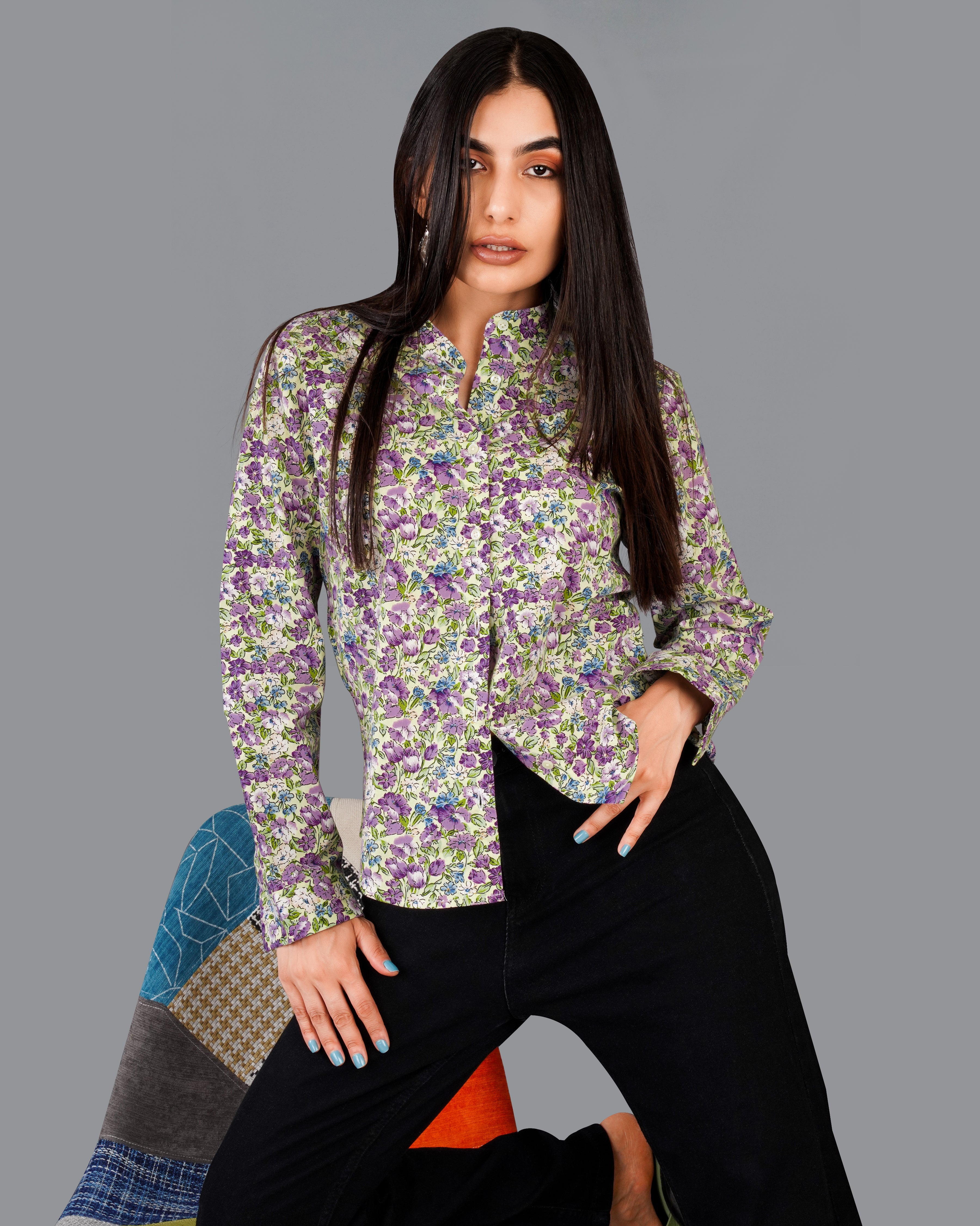 Tahuna Green with Wistteria Purple Floral Printed Premium Cotton Shirt WS041-M-32, WS041-M-34, WS041-M-36, WS041-M-38, WS041-M-40, WS041-M-42