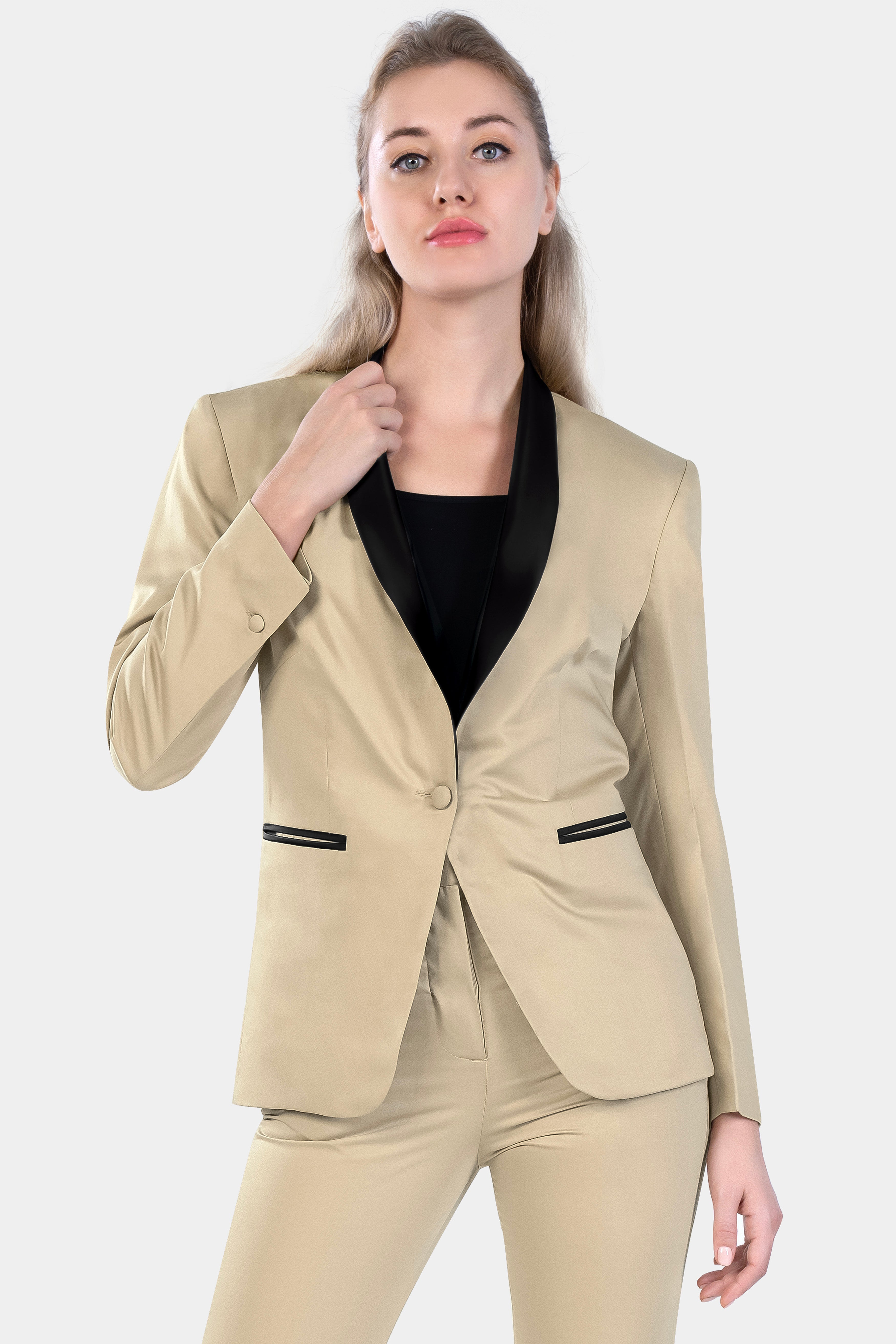 Hazelnut Cream Subtle Sheen with Black Lapel Single Breasted Women's Suit