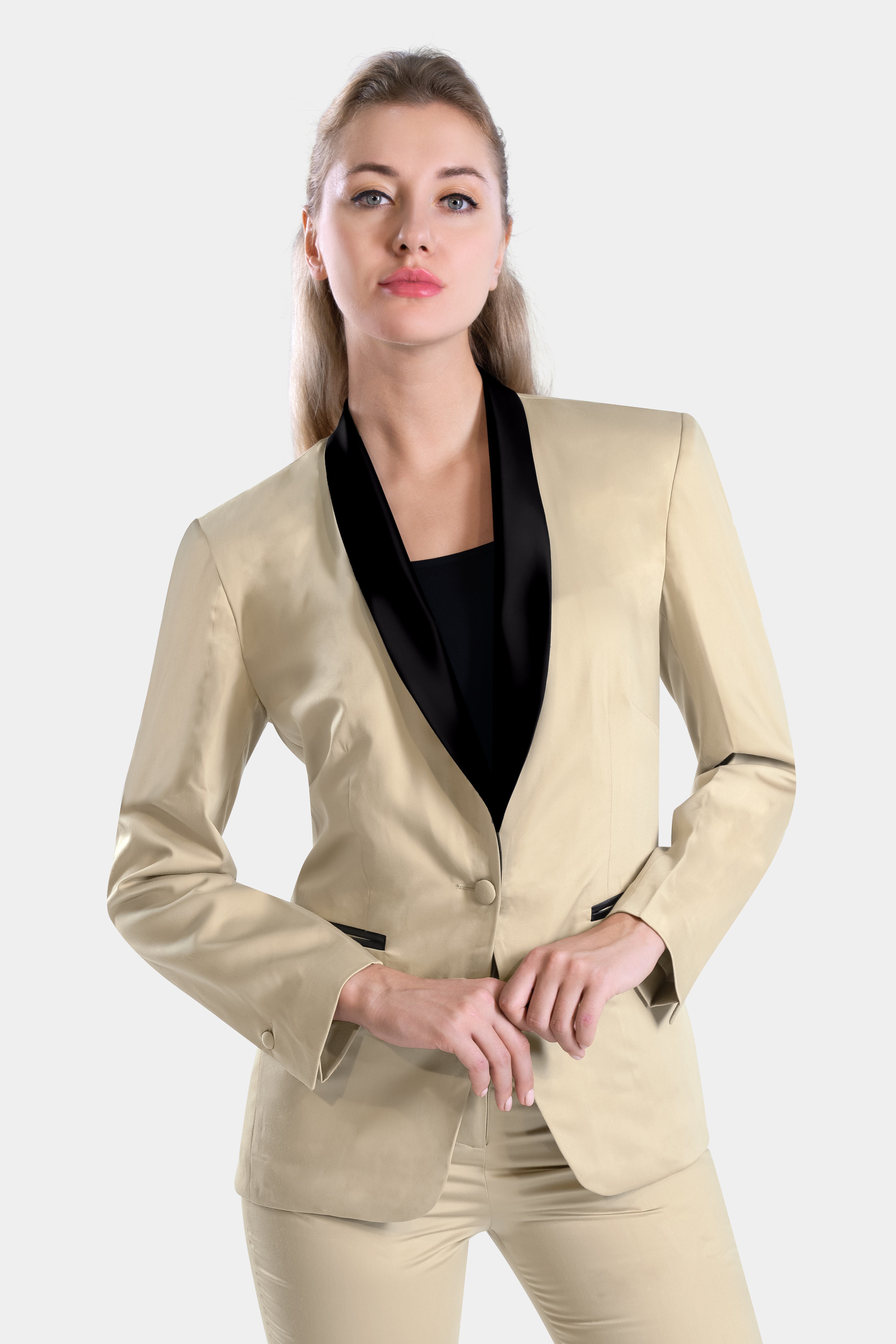 Hazelnut Cream Subtle Sheen with Black Lapel Single Breasted Women's Suit