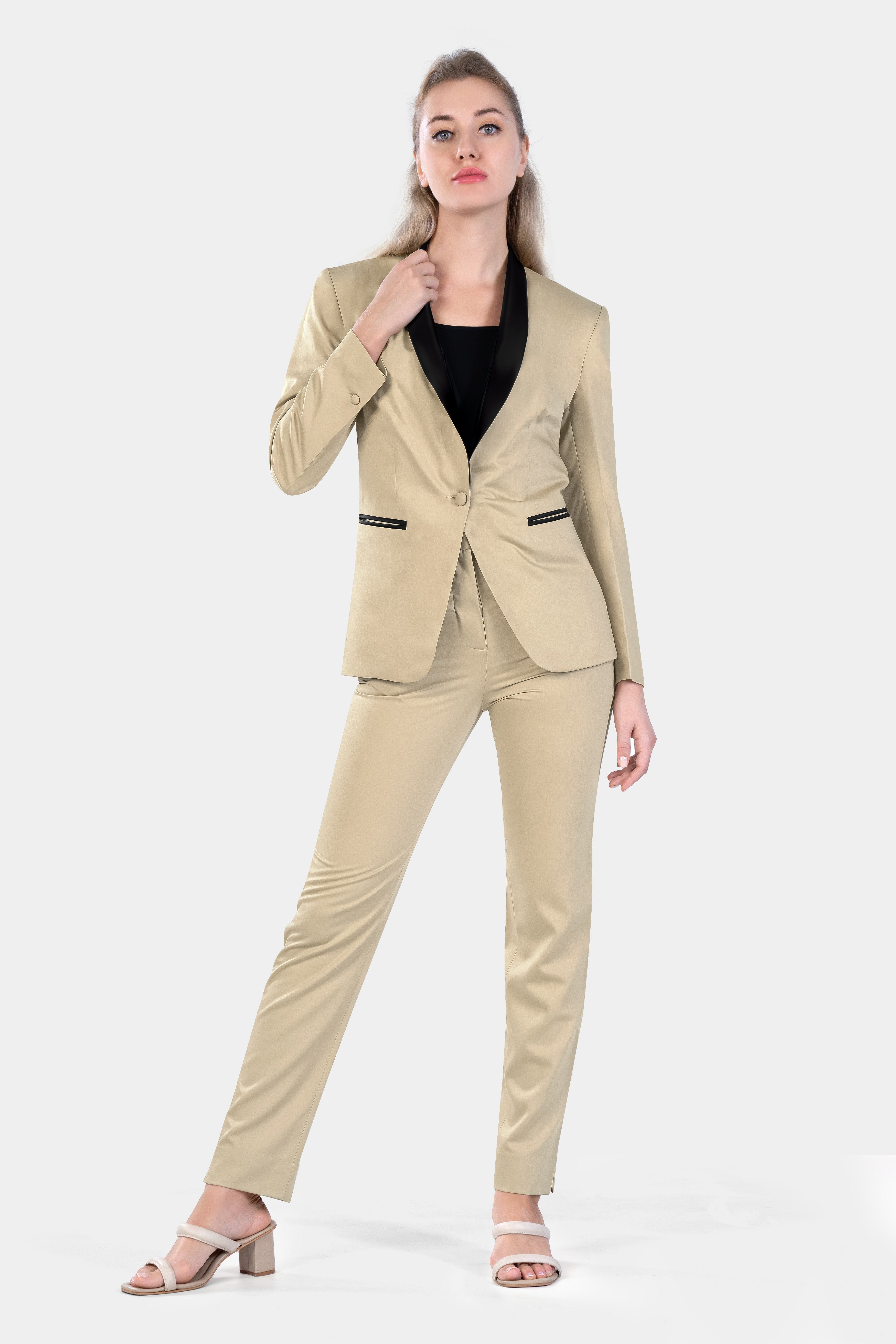 Hazelnut Cream Subtle Sheen with Black Lapel Single Breasted Women's Suit