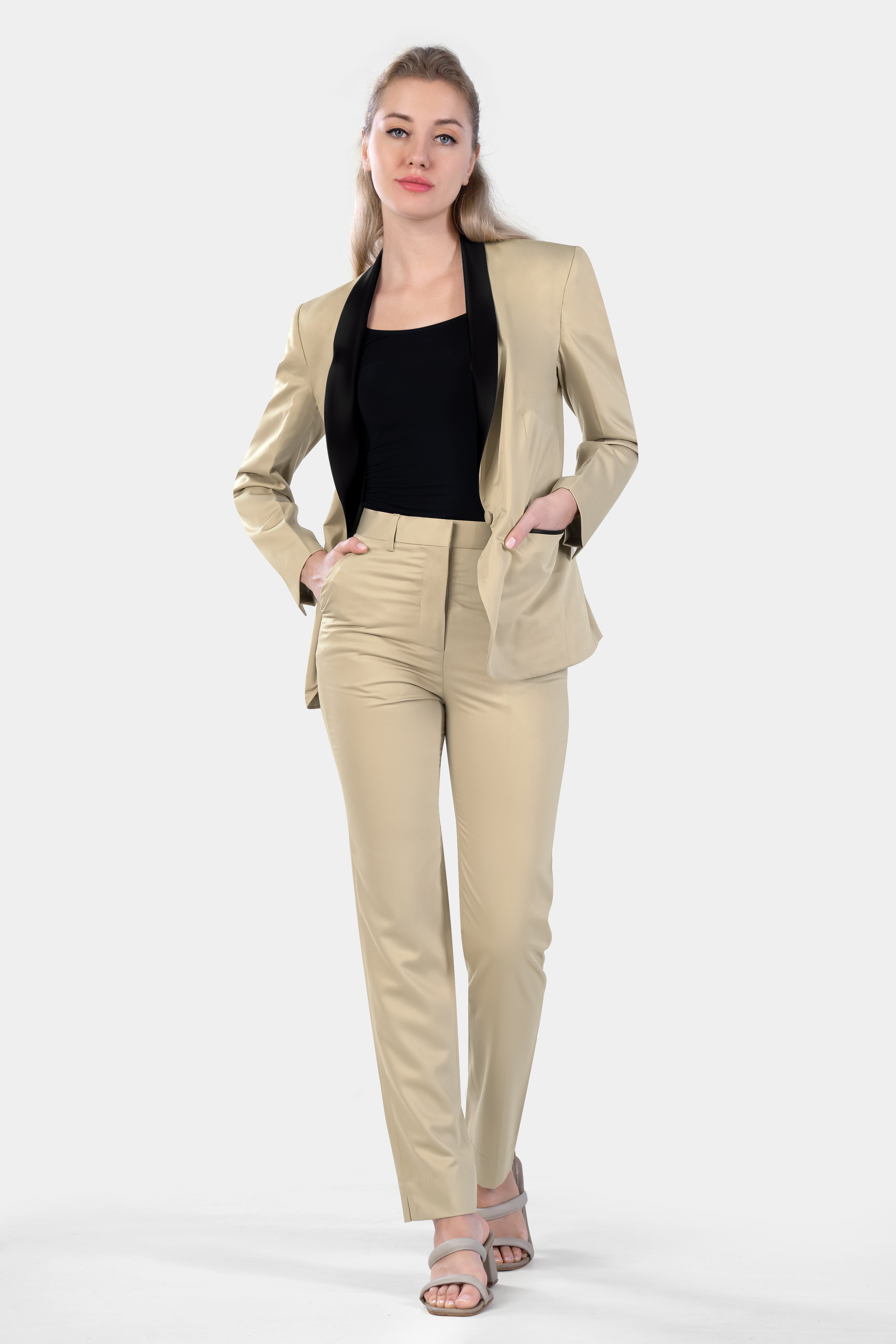 Hazelnut Cream Subtle Sheen with Black Lapel Single Breasted Women's Suit