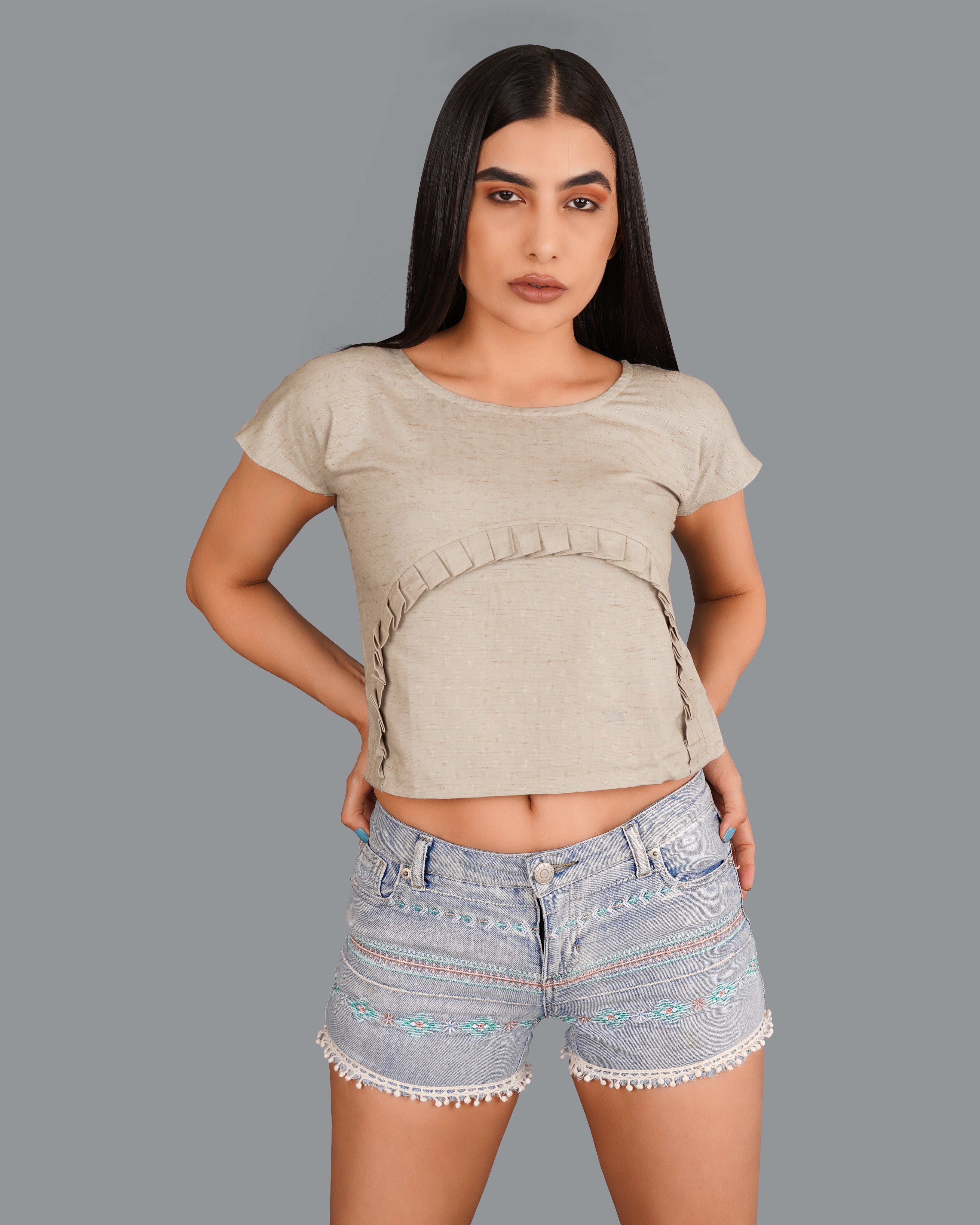 Amber Brown Crop Top With Pleated Premium Cotton WTP002-32, WTP002-34, WTP002-36, WTP002-38, WTP002-40, WTP002-42