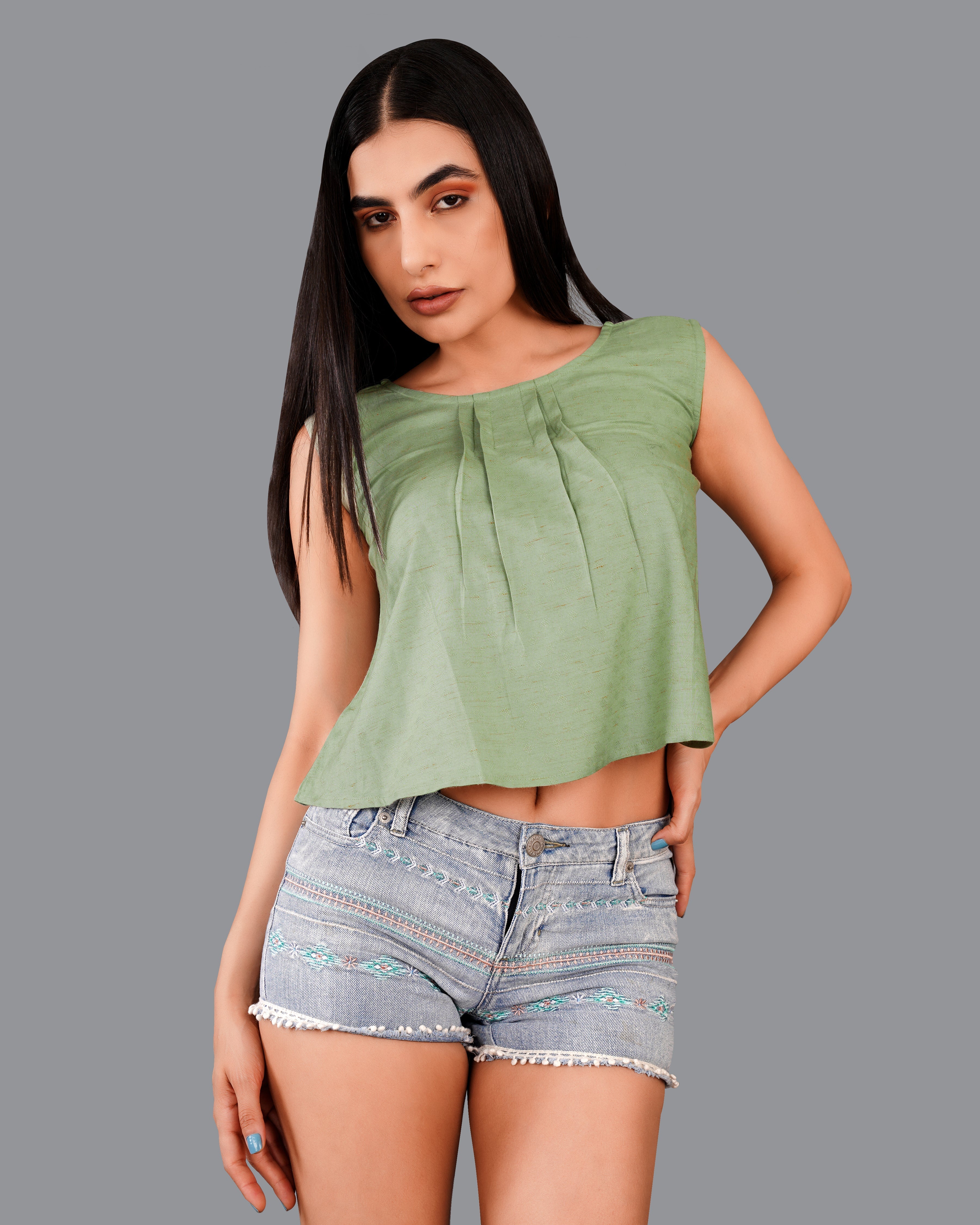 Asparagus Green Premium Cotton Crop Top WTP015-32, WTP015-34, WTP015-36, WTP015-38, WTP015-40, WTP015-42