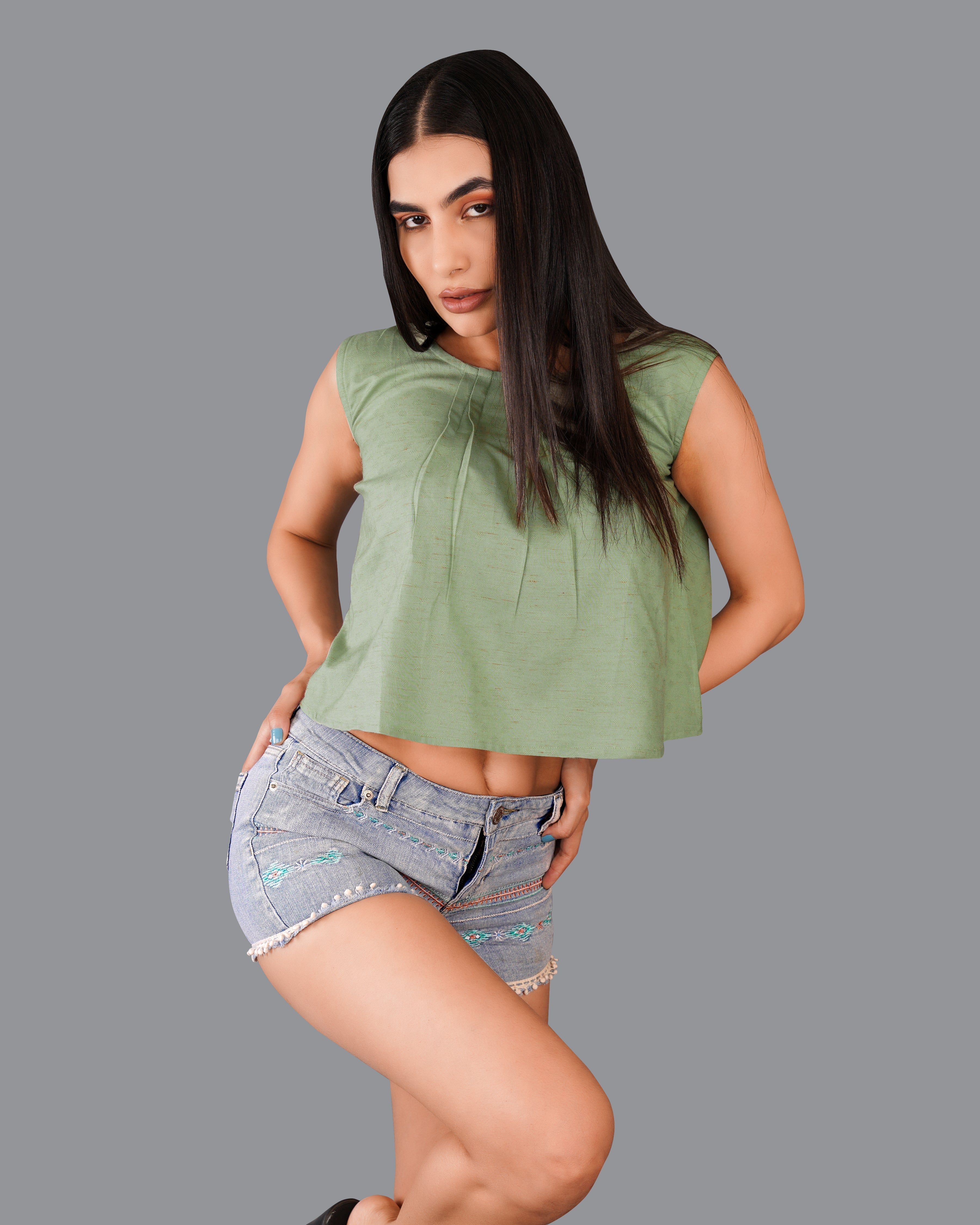 Asparagus Green Premium Cotton Crop Top WTP015-32, WTP015-34, WTP015-36, WTP015-38, WTP015-40, WTP015-42