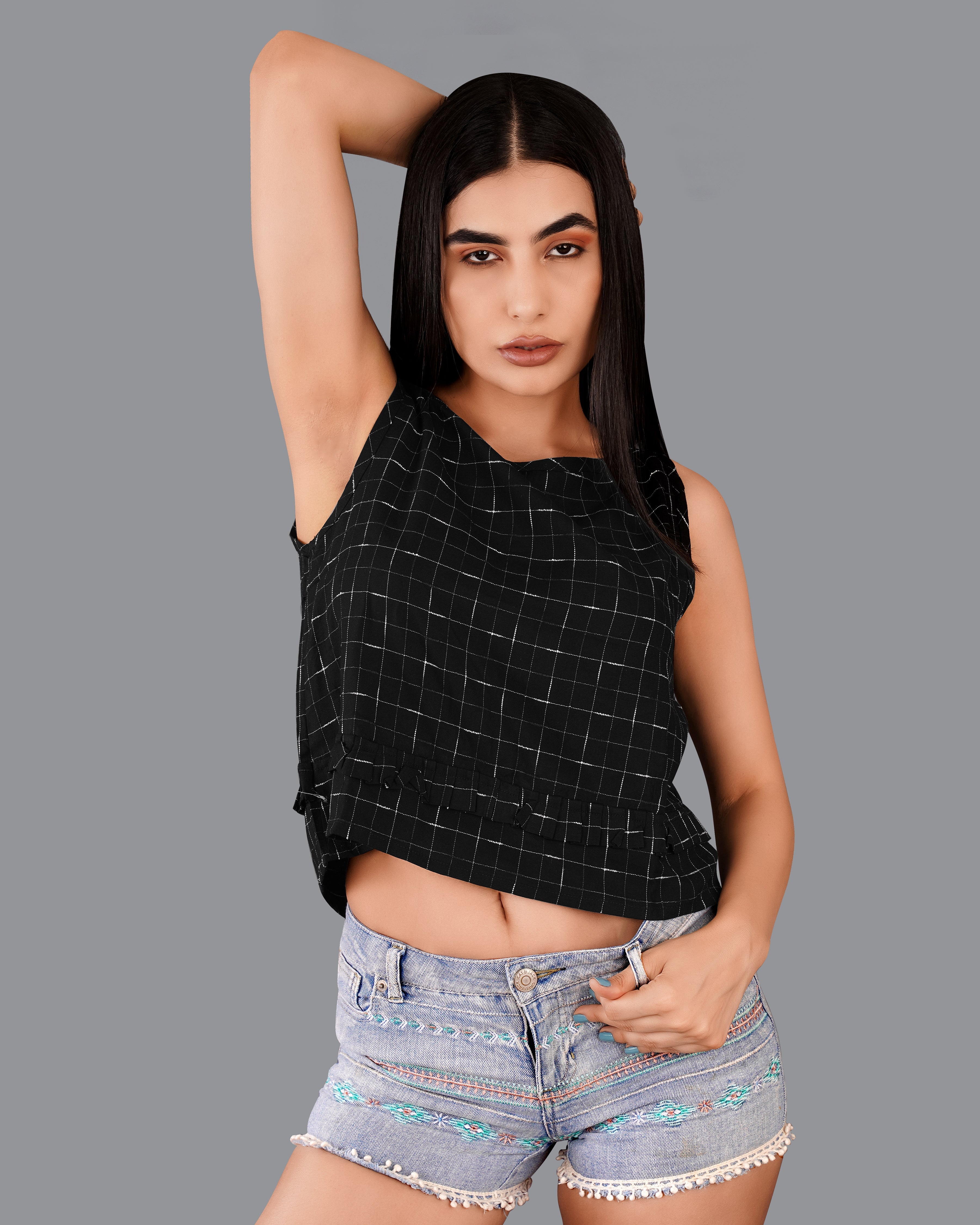 Jade Black Subtle Checkered Premium Cotton Crop Top WTP017-32, WTP017-34, WTP017-36, WTP017-38, WTP017-40, WTP017-42