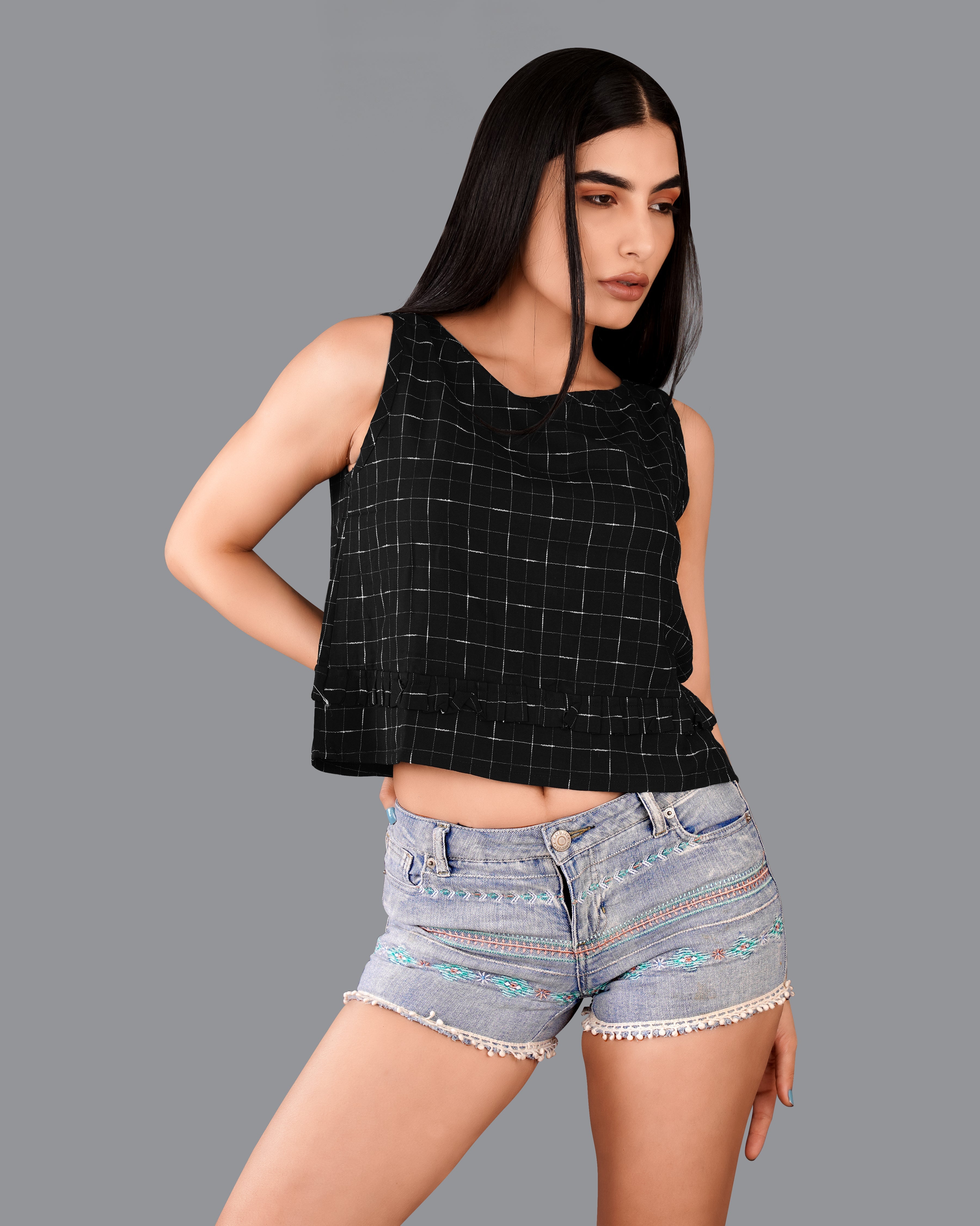 Jade Black Subtle Checkered Premium Cotton Crop Top WTP017-32, WTP017-34, WTP017-36, WTP017-38, WTP017-40, WTP017-42