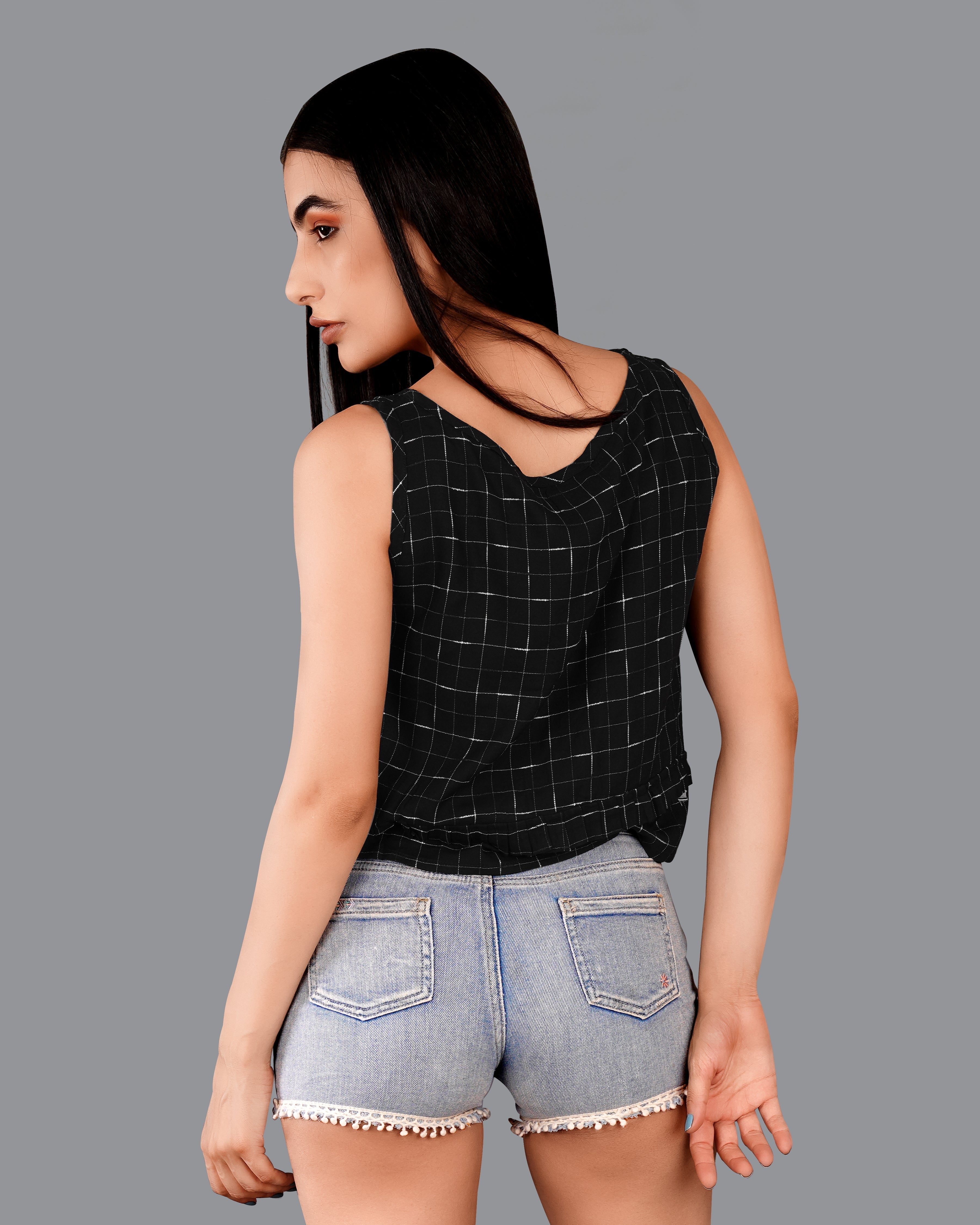 Jade Black Subtle Checkered Premium Cotton Crop Top WTP017-32, WTP017-34, WTP017-36, WTP017-38, WTP017-40, WTP017-42