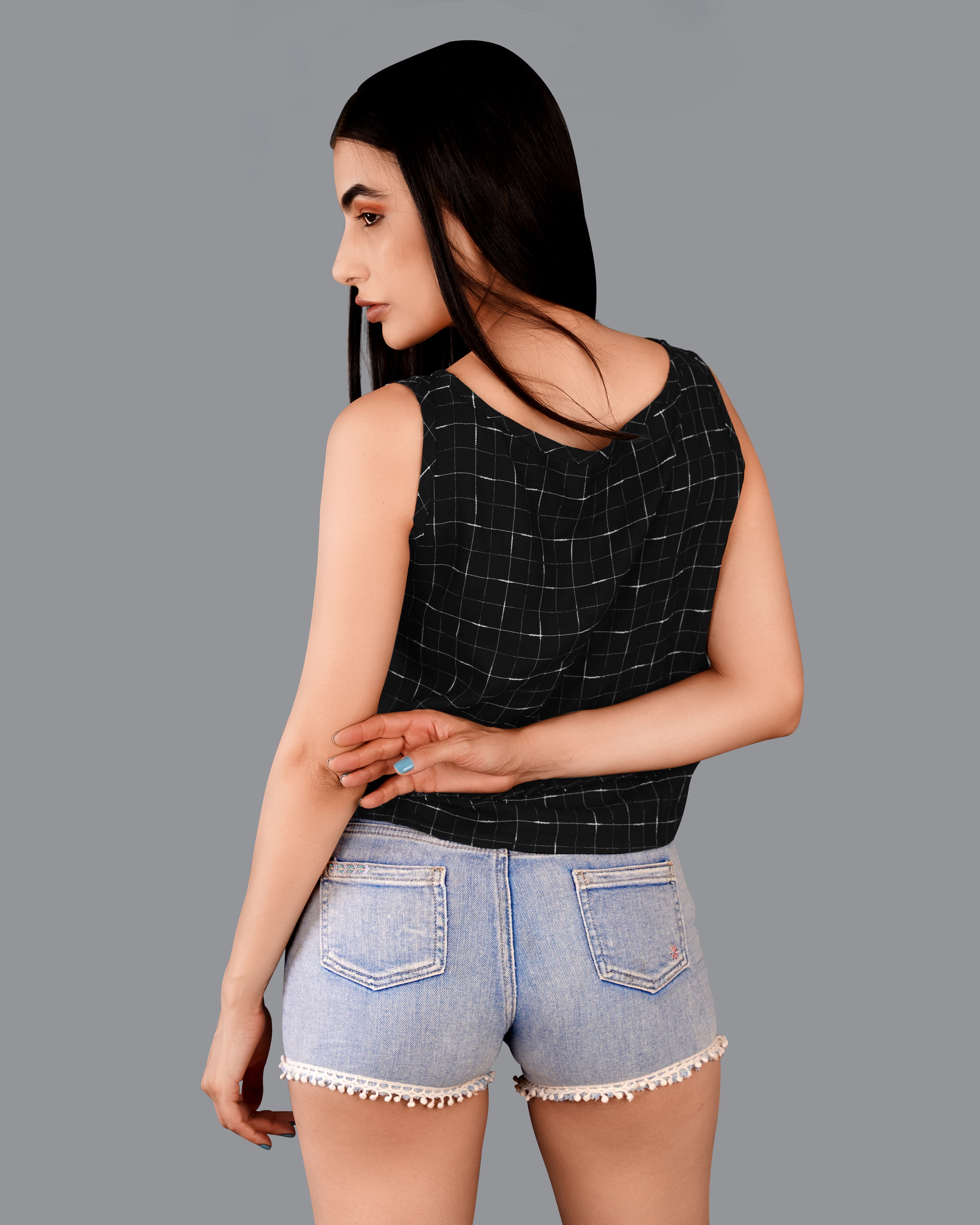 Jade Black Subtle Checkered Premium Cotton Crop Top WTP017-32, WTP017-34, WTP017-36, WTP017-38, WTP017-40, WTP017-42