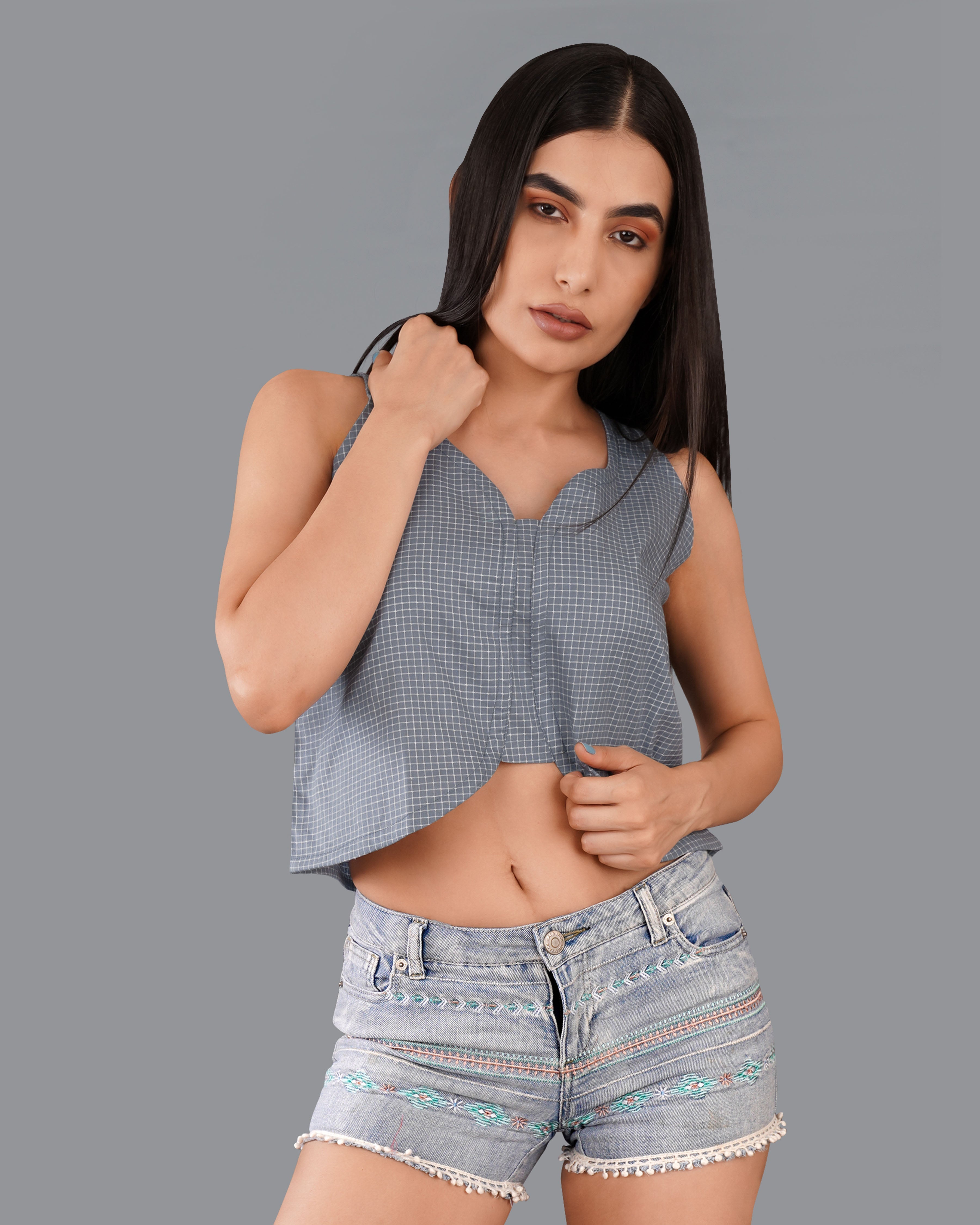 Gunsmoke Gray Gingham Checkered Premium Cotton Crop Top WTP018-32, WTP018-34, WTP018-36, WTP018-38, WTP018-40, WTP018-42