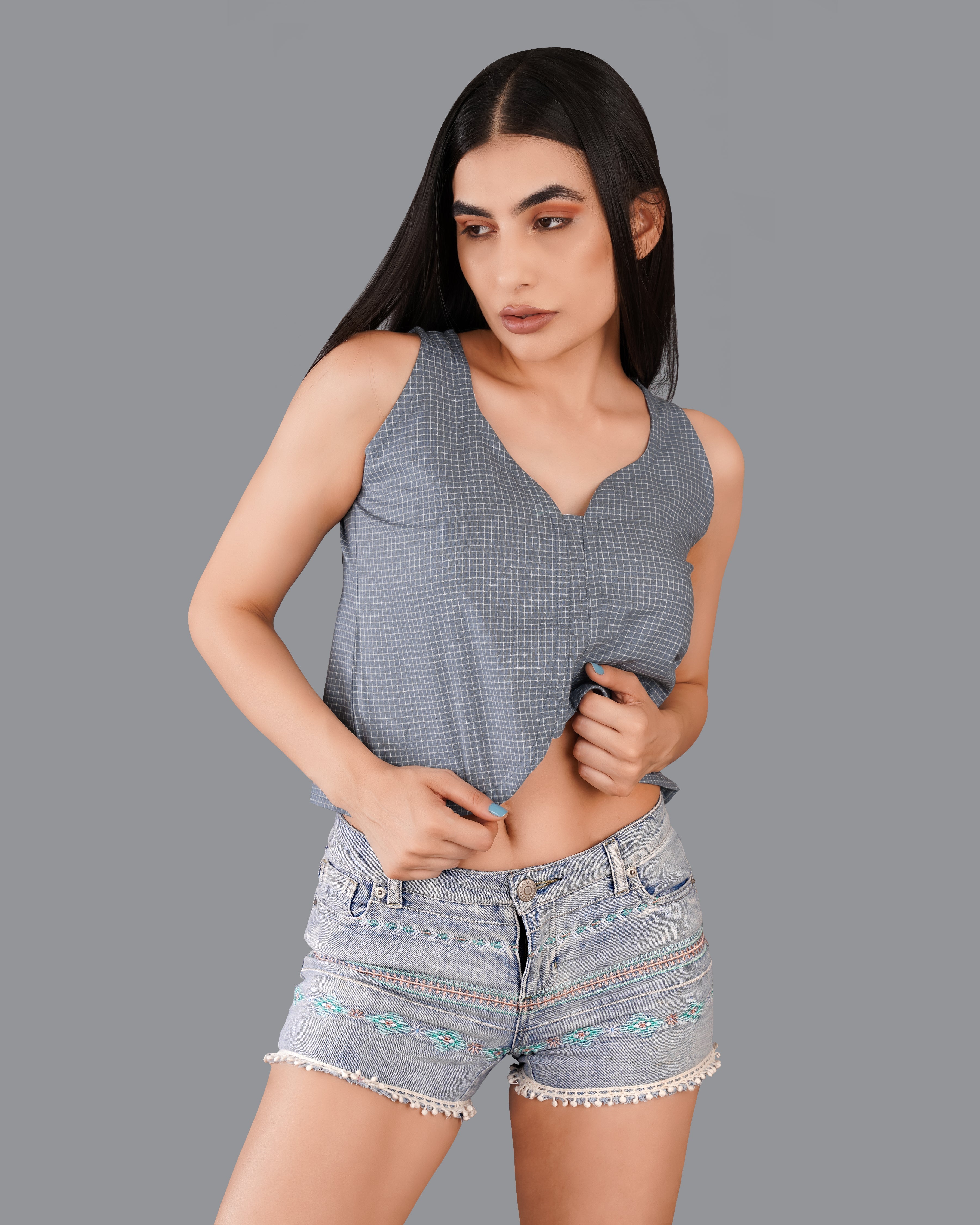 Gunsmoke Gray Gingham Checkered Premium Cotton Crop Top WTP018-32, WTP018-34, WTP018-36, WTP018-38, WTP018-40, WTP018-42