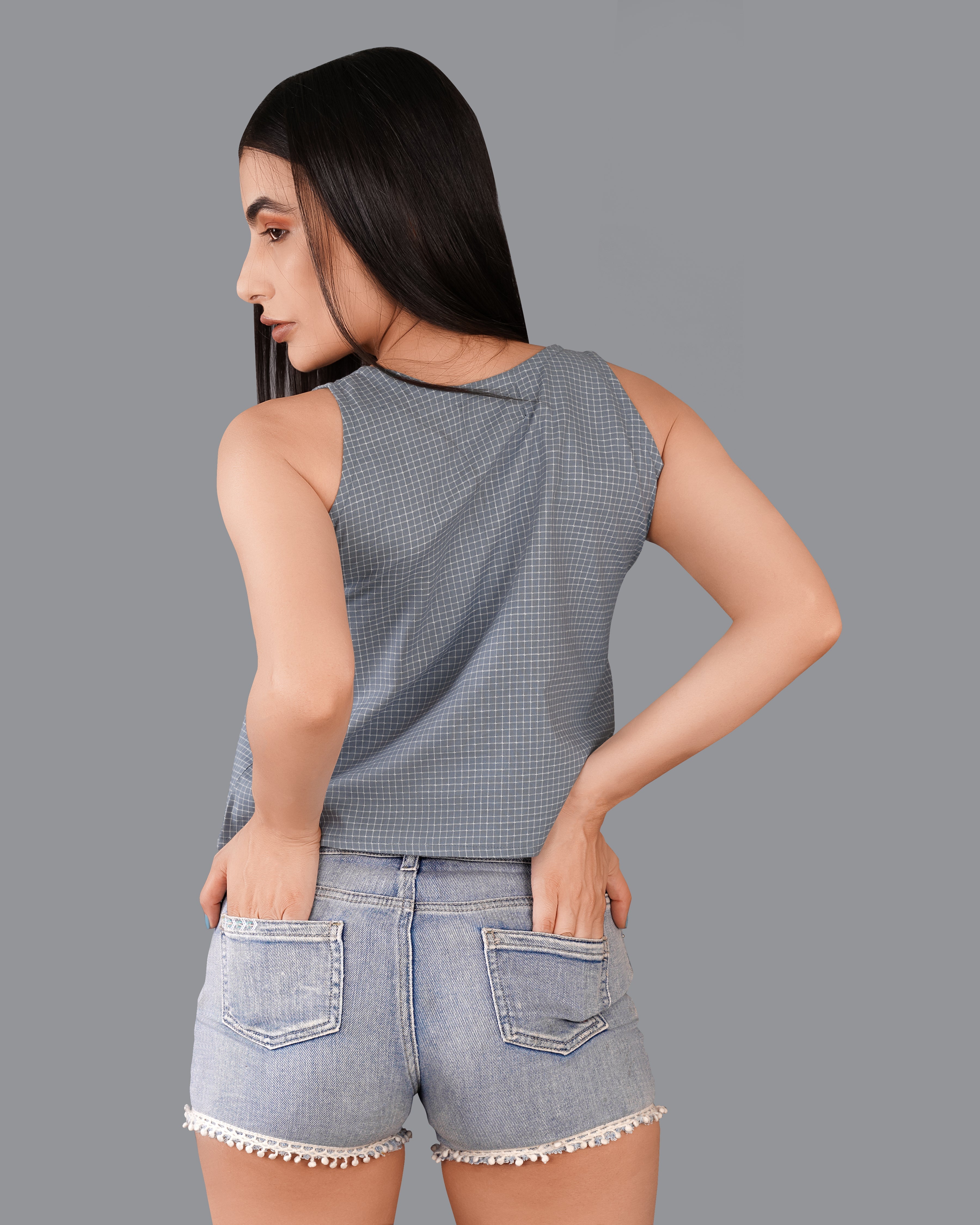 Gunsmoke Gray Gingham Checkered Premium Cotton Crop Top WTP018-32, WTP018-34, WTP018-36, WTP018-38, WTP018-40, WTP018-42