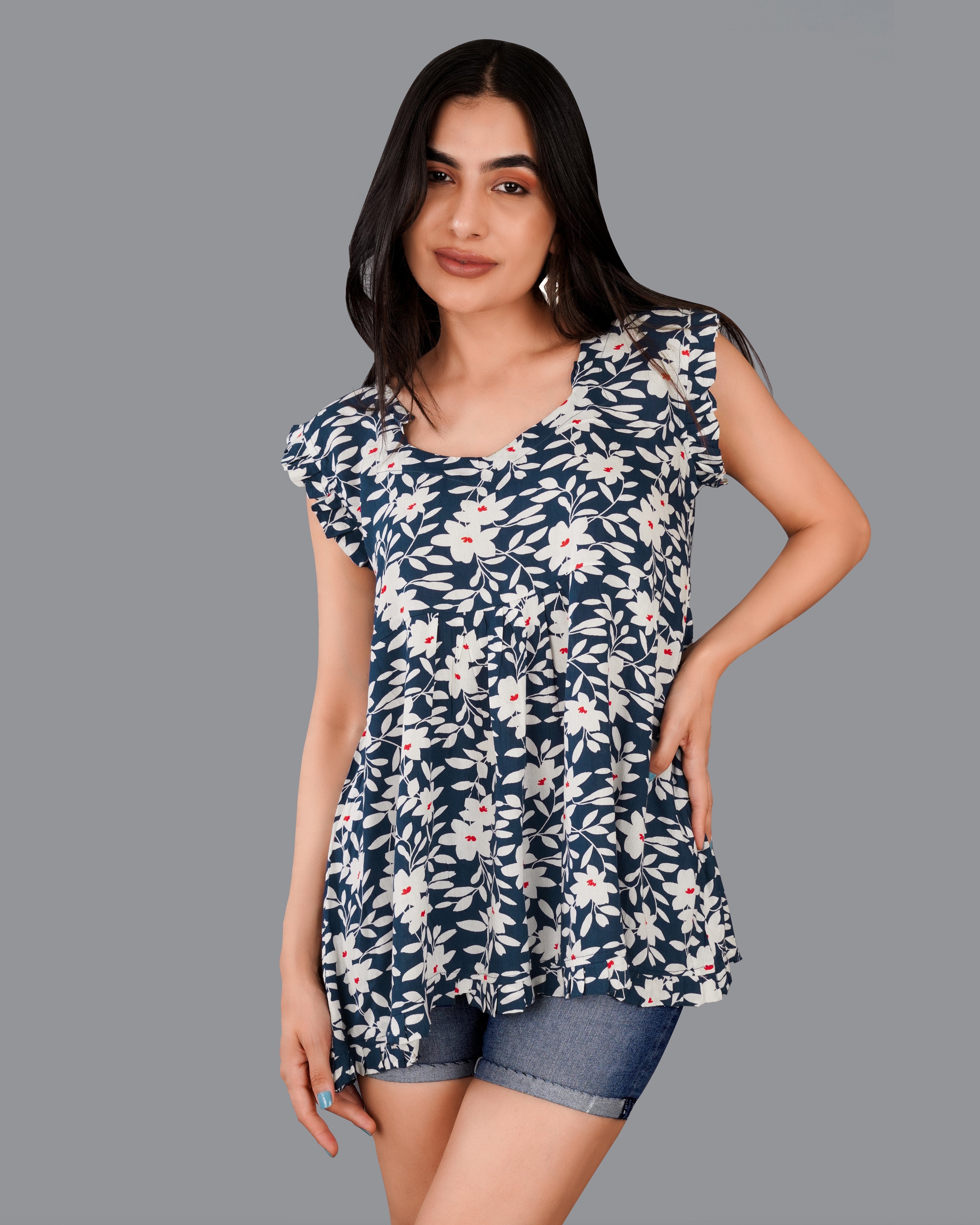 Rhino Blue with Merino Cream Floral Printed Top WTP026-32, WTP026-34, WTP026-36, WTP026-38, WTP026-40, WTP026-42