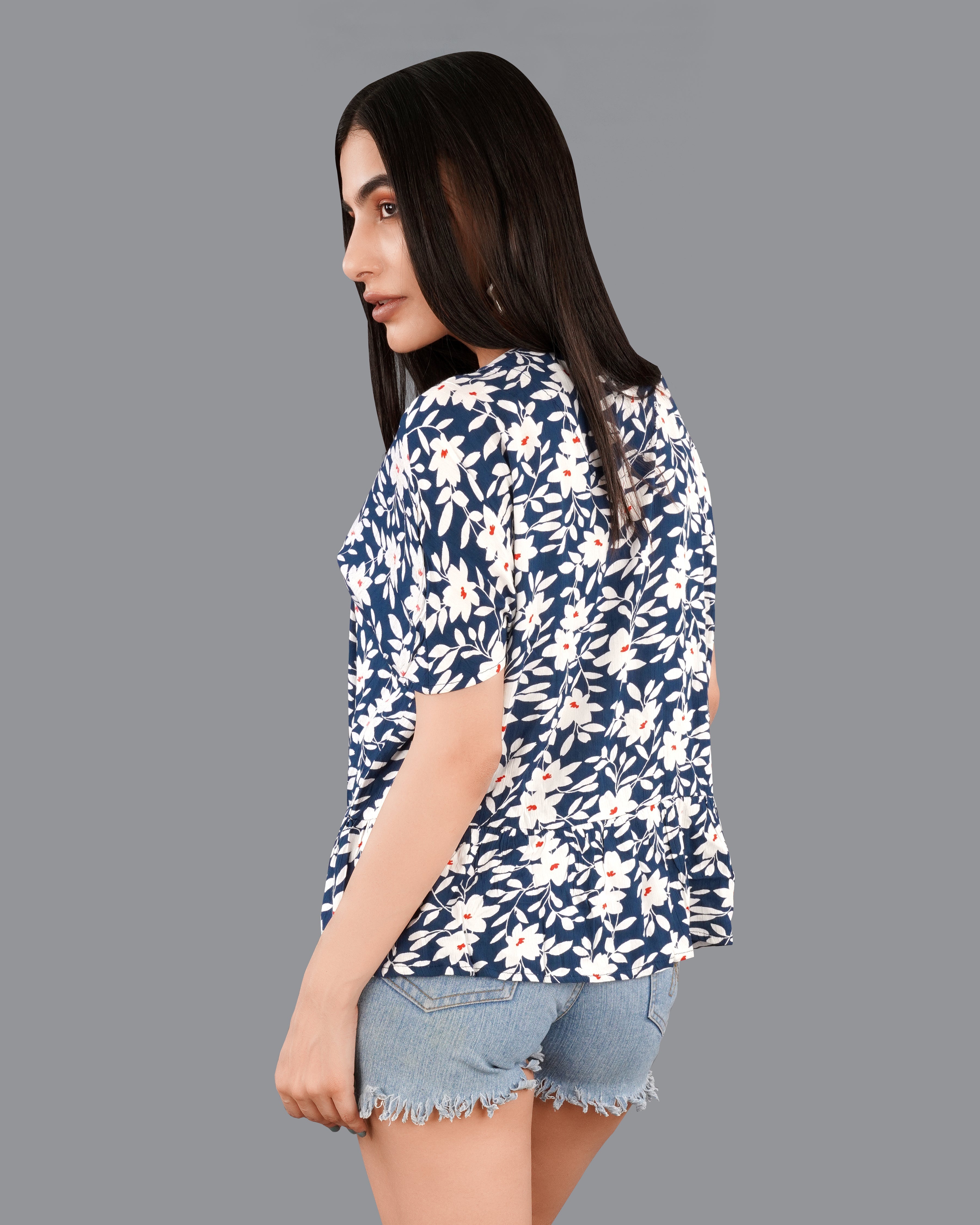 Rhino Blue with Merino Cream Floral Printed Shrug WTP027-32, WTP027-34, WTP027-36, WTP027-38, WTP027-40, WTP027-42