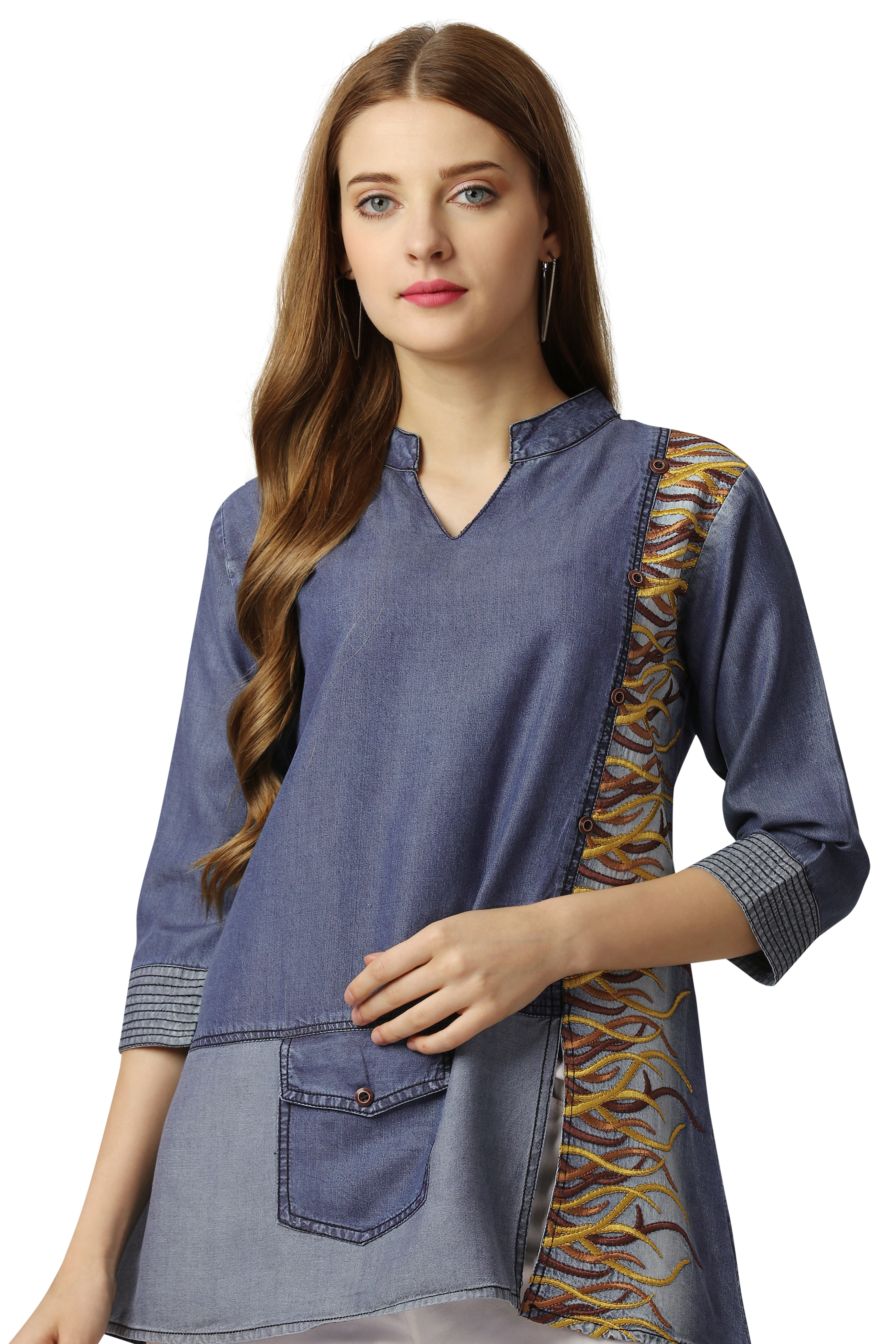 Waikawa Blue Multicolour Embroidered Denim Top