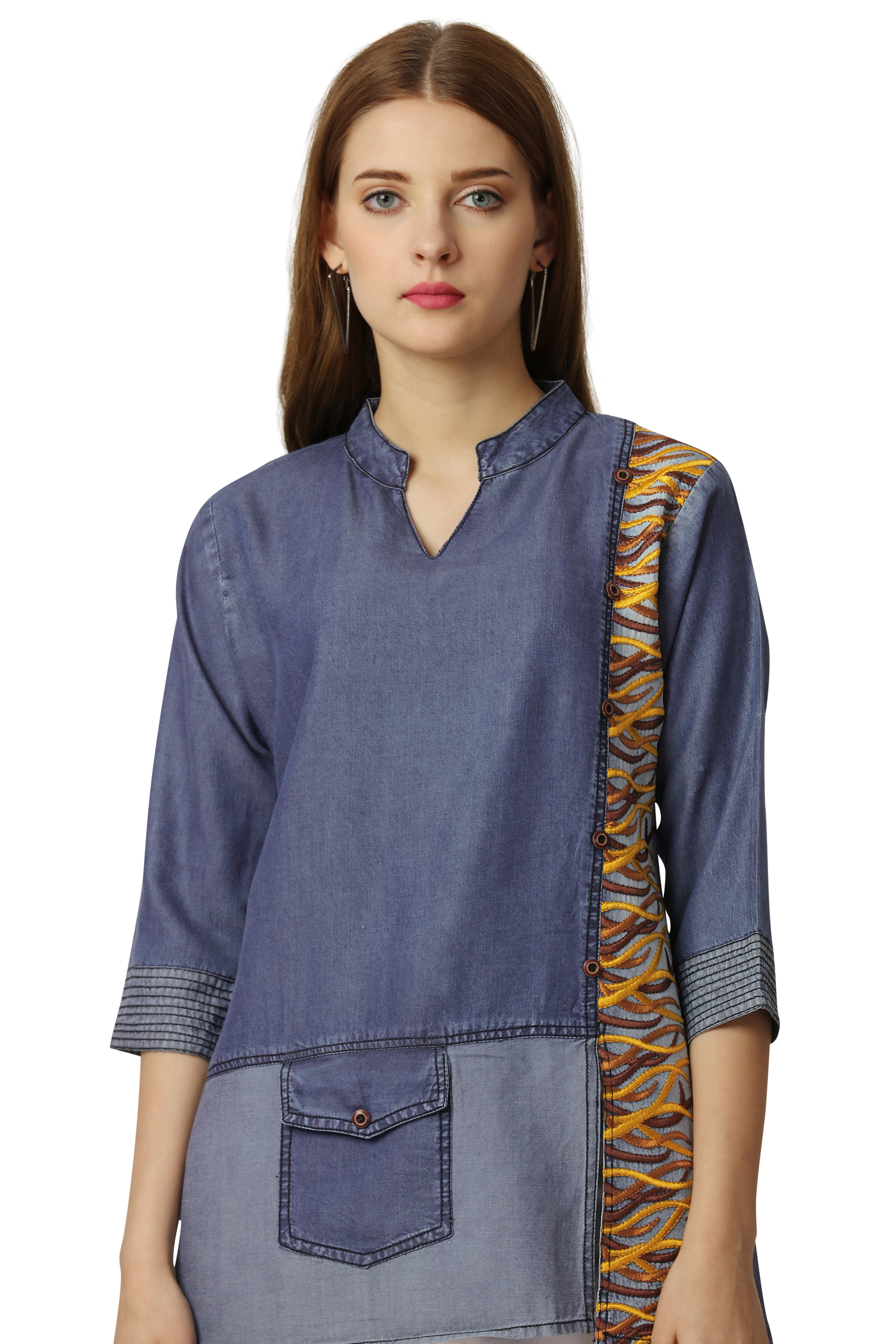 Waikawa Blue Multicolour Embroidered Denim Top