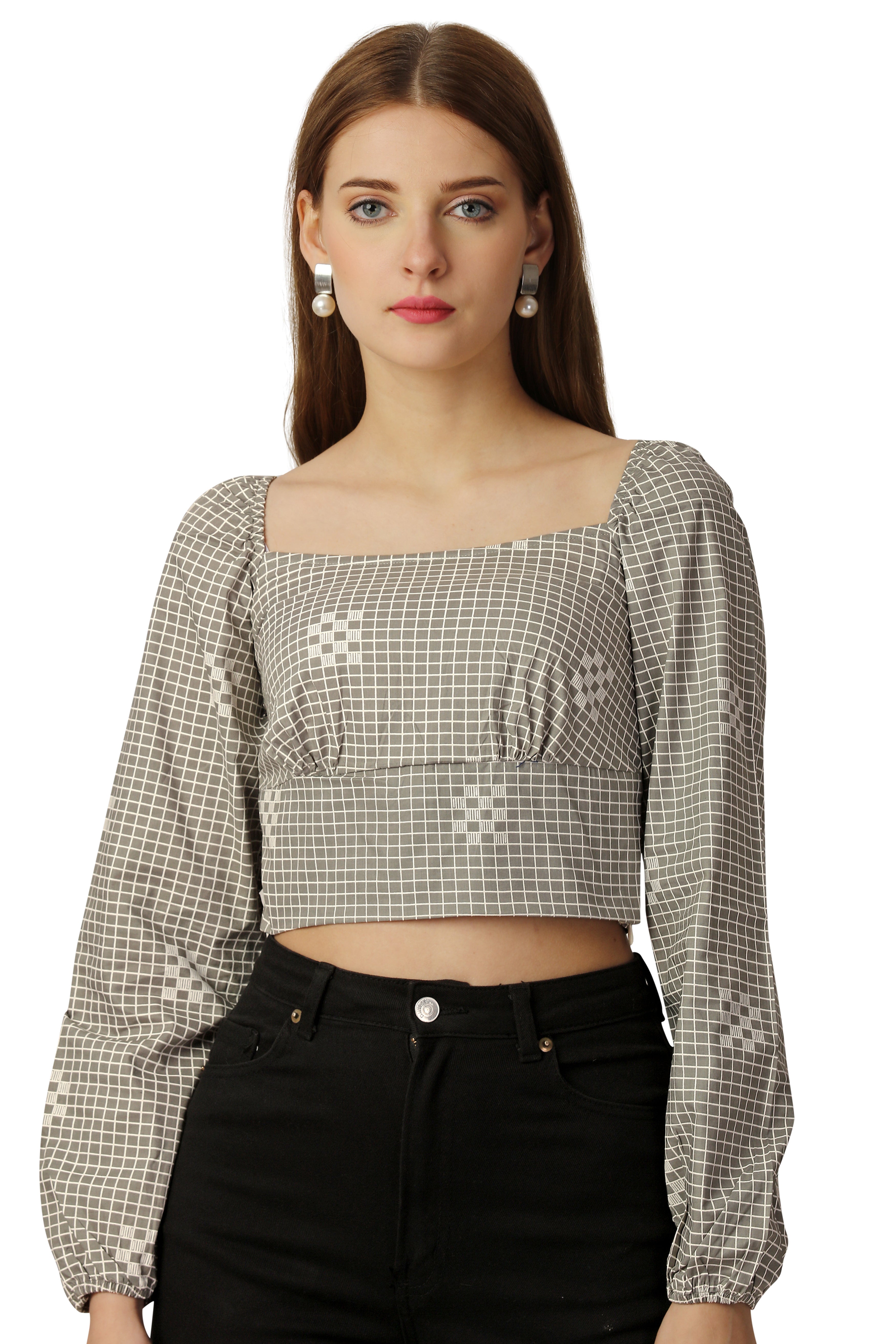 Sandrift Brown and White Premium Cotton Checkered Crop Top