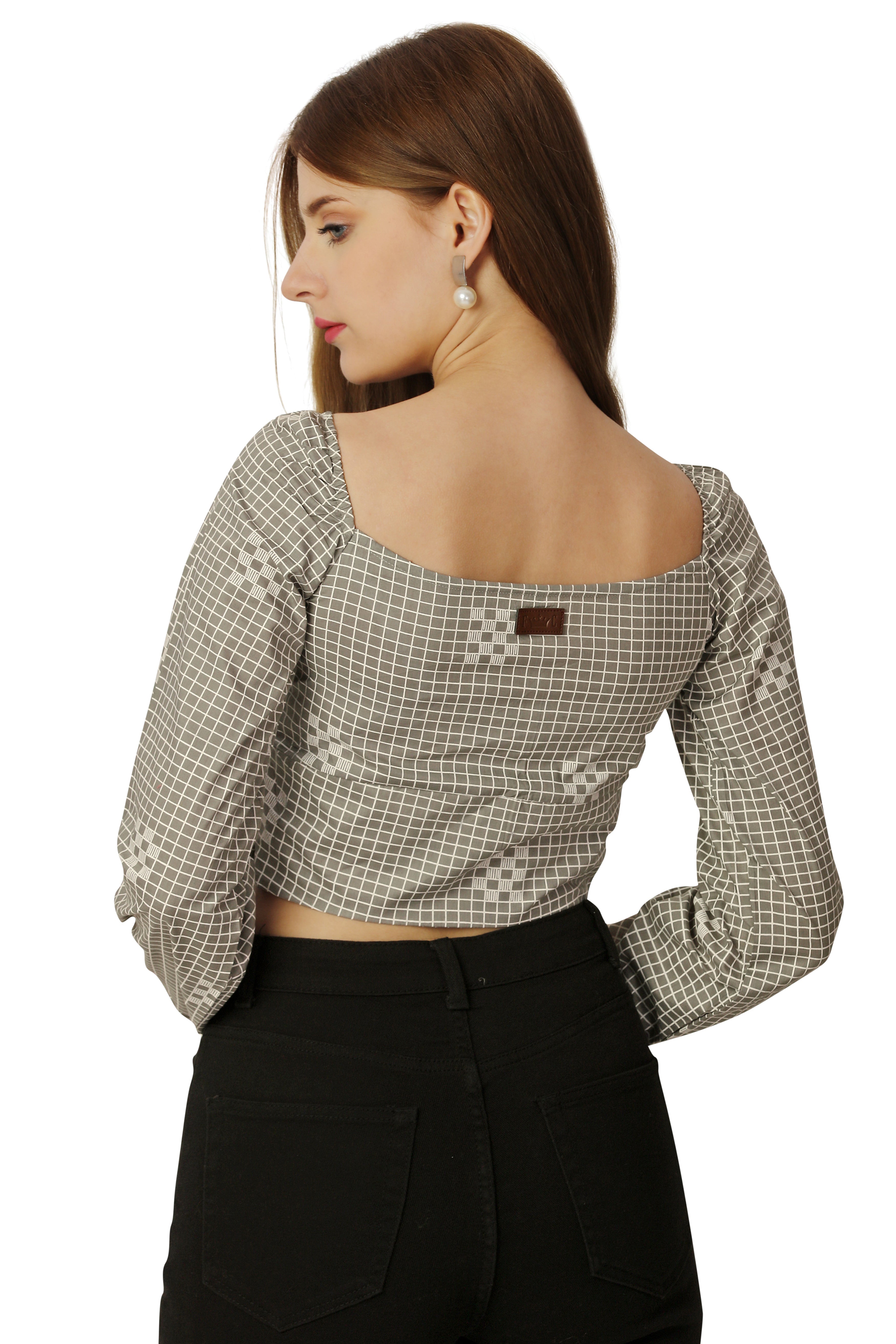 Sandrift Brown and White Premium Cotton Checkered Crop Top