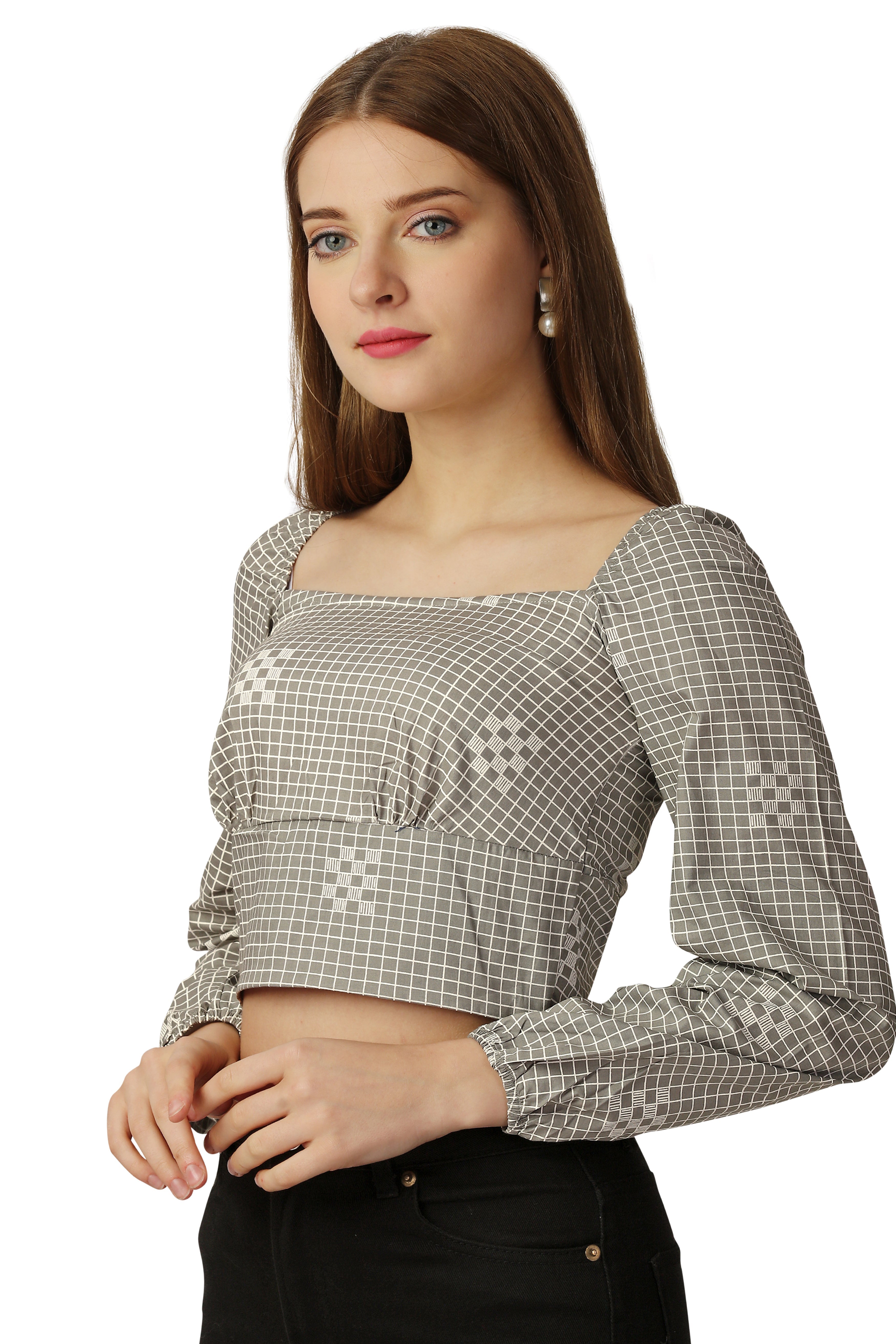 Sandrift Brown and White Premium Cotton Checkered Crop Top