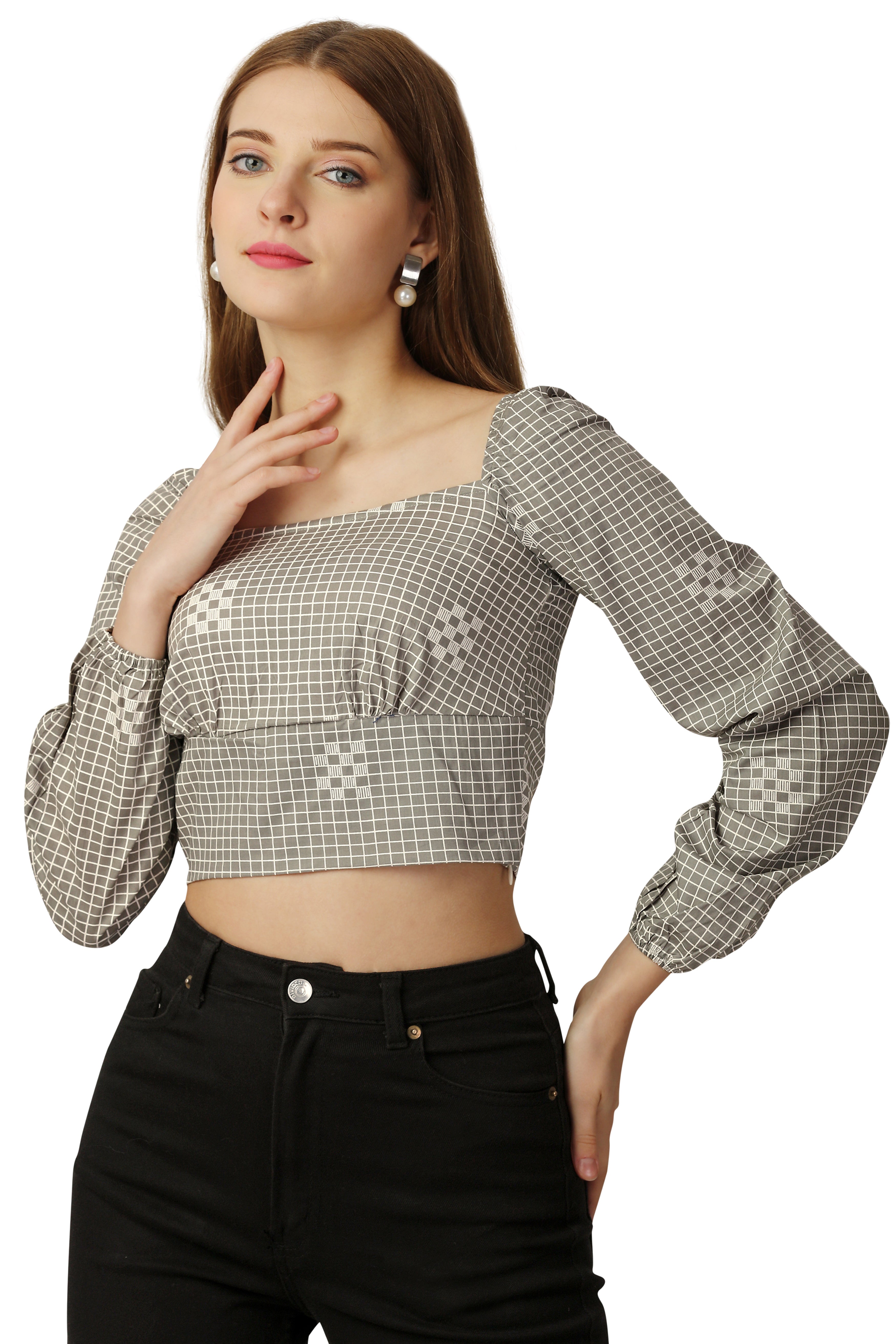 Sandrift Brown and White Premium Cotton Checkered Crop Top