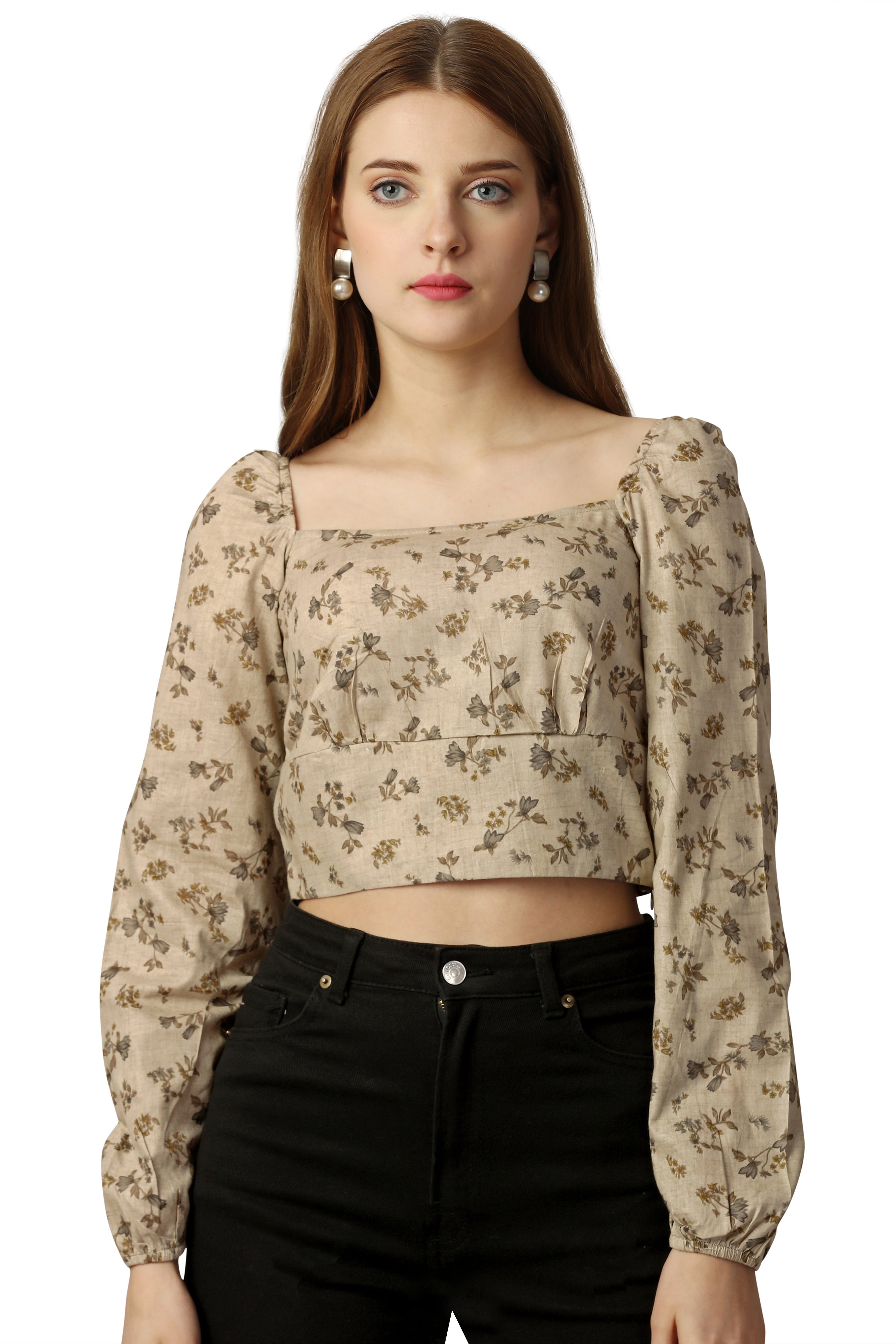 Stone Brown Ditsy Printed Premium Cotton Crop Top