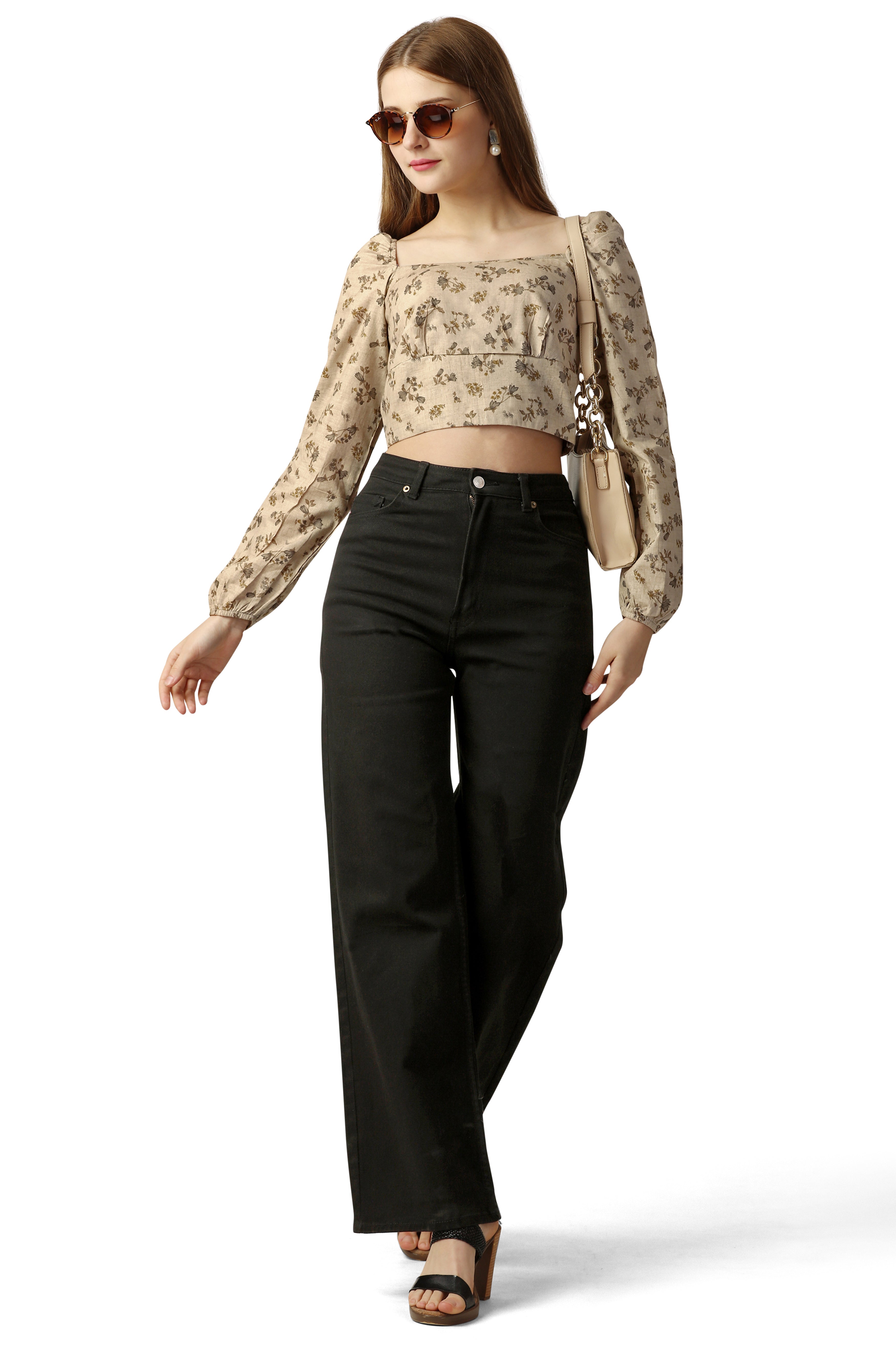 Stone Brown Ditsy Printed Premium Cotton Crop Top