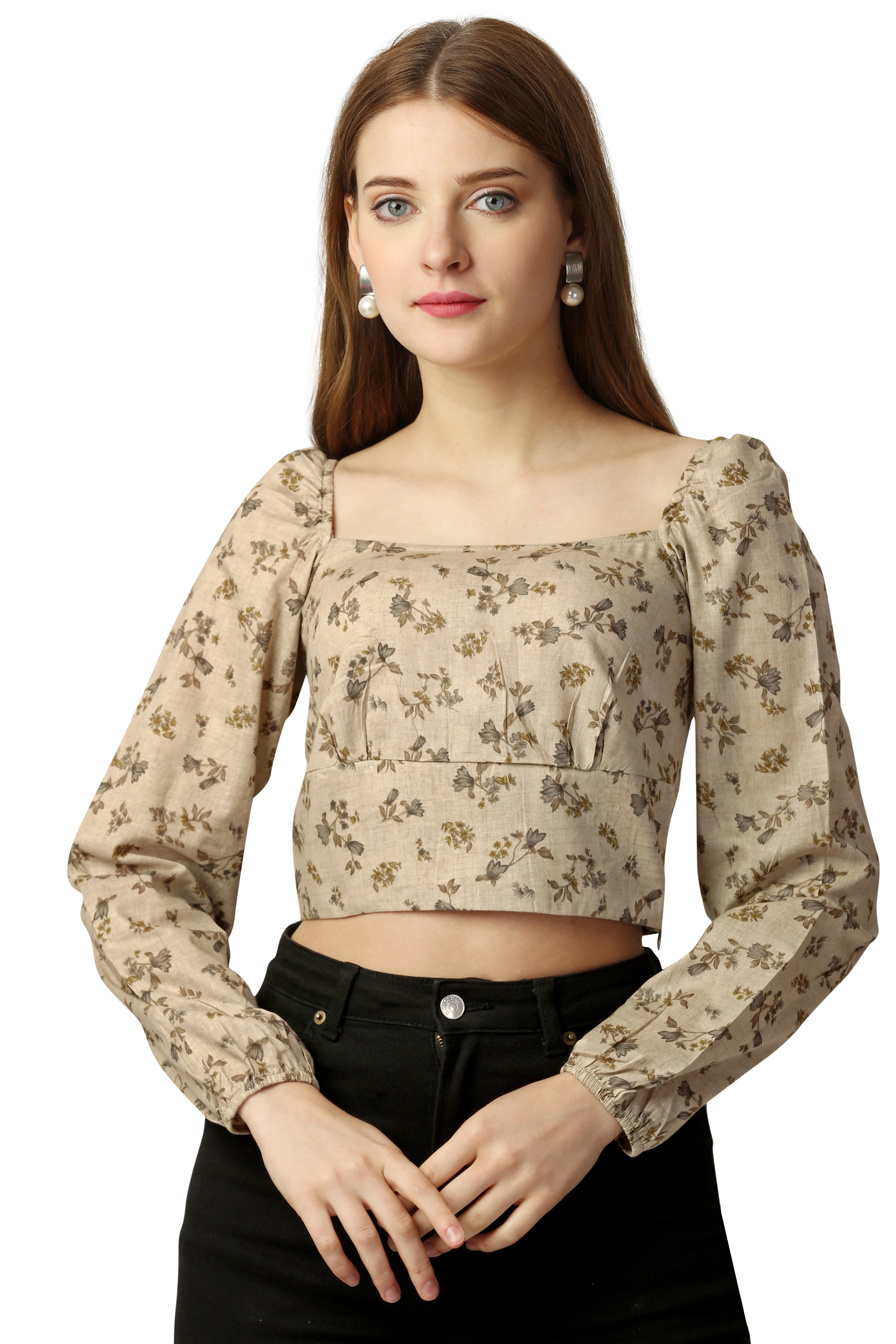 Stone Brown Ditsy Printed Premium Cotton Crop Top