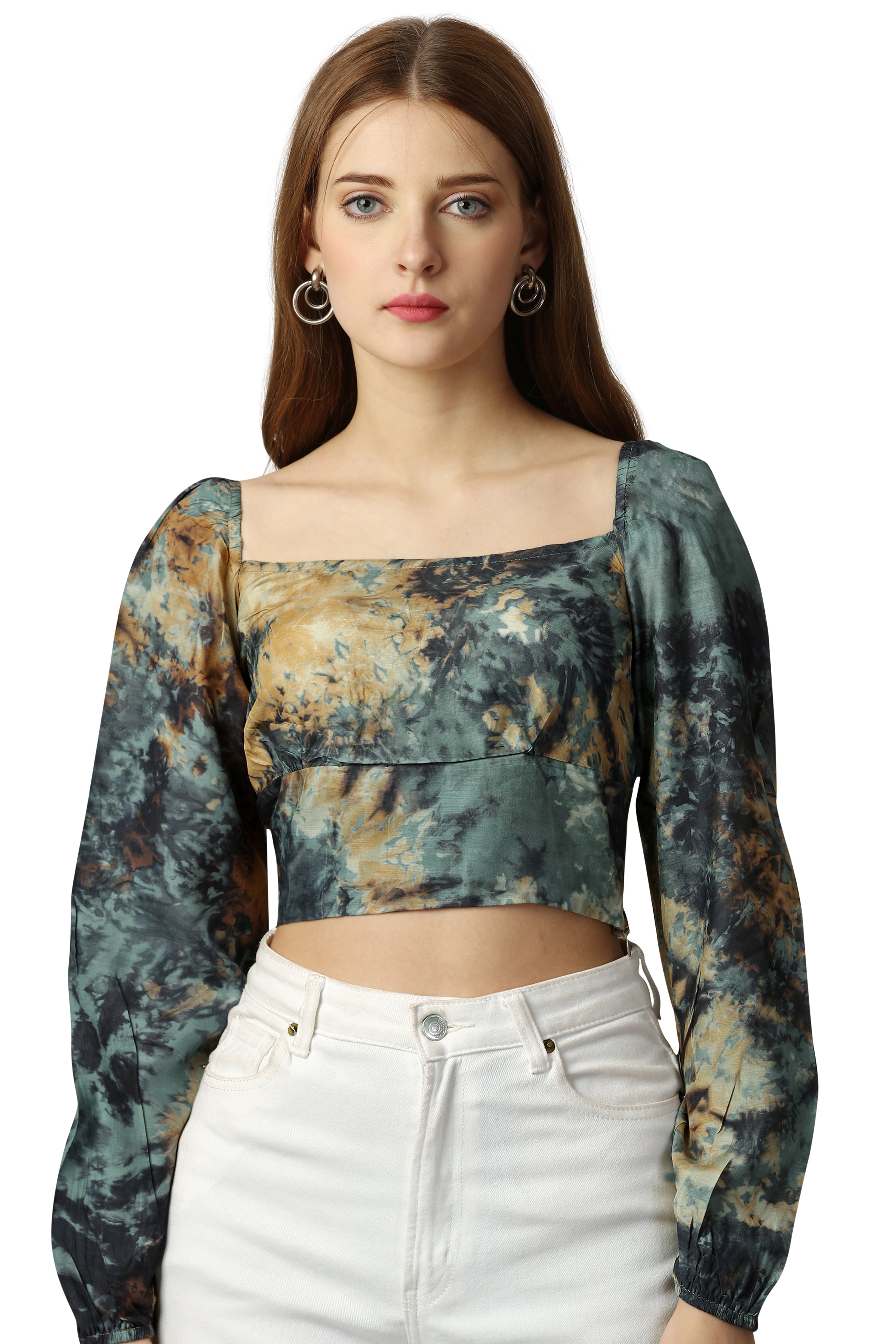 Finlandia Green with Multicolored Printed Viscose Crop Top