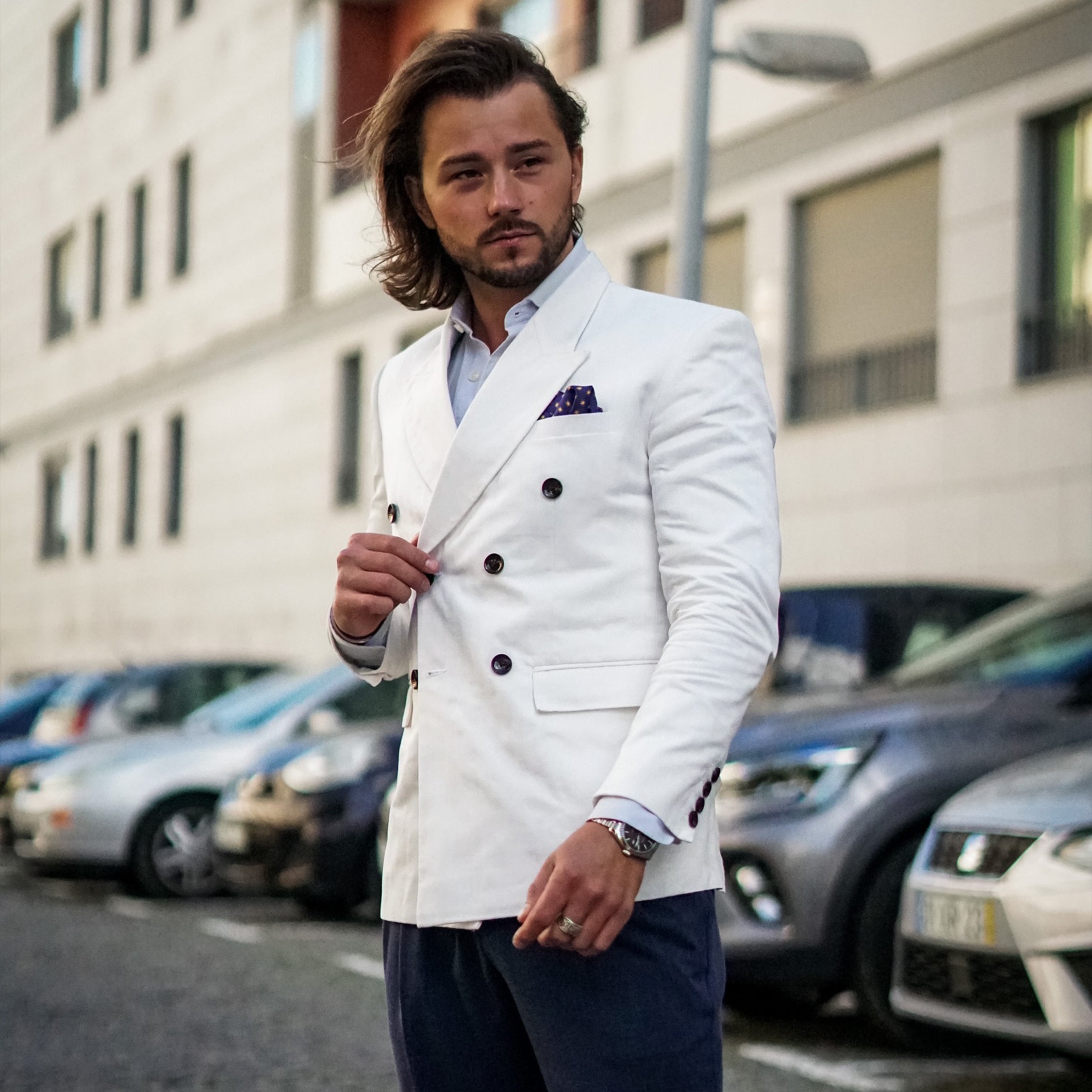 Bright White Subtle Striped  Double Breasted Premium Cotton Blazer