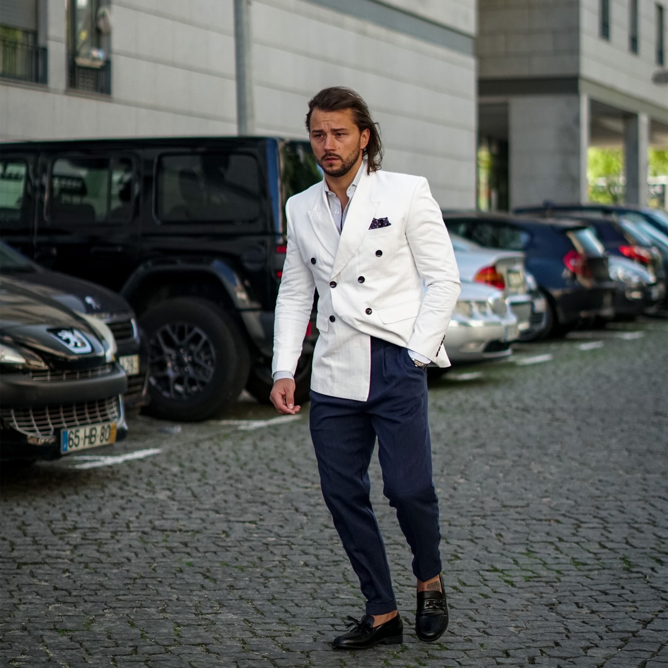 Bright White Subtle Striped  Double Breasted Premium Cotton Blazer